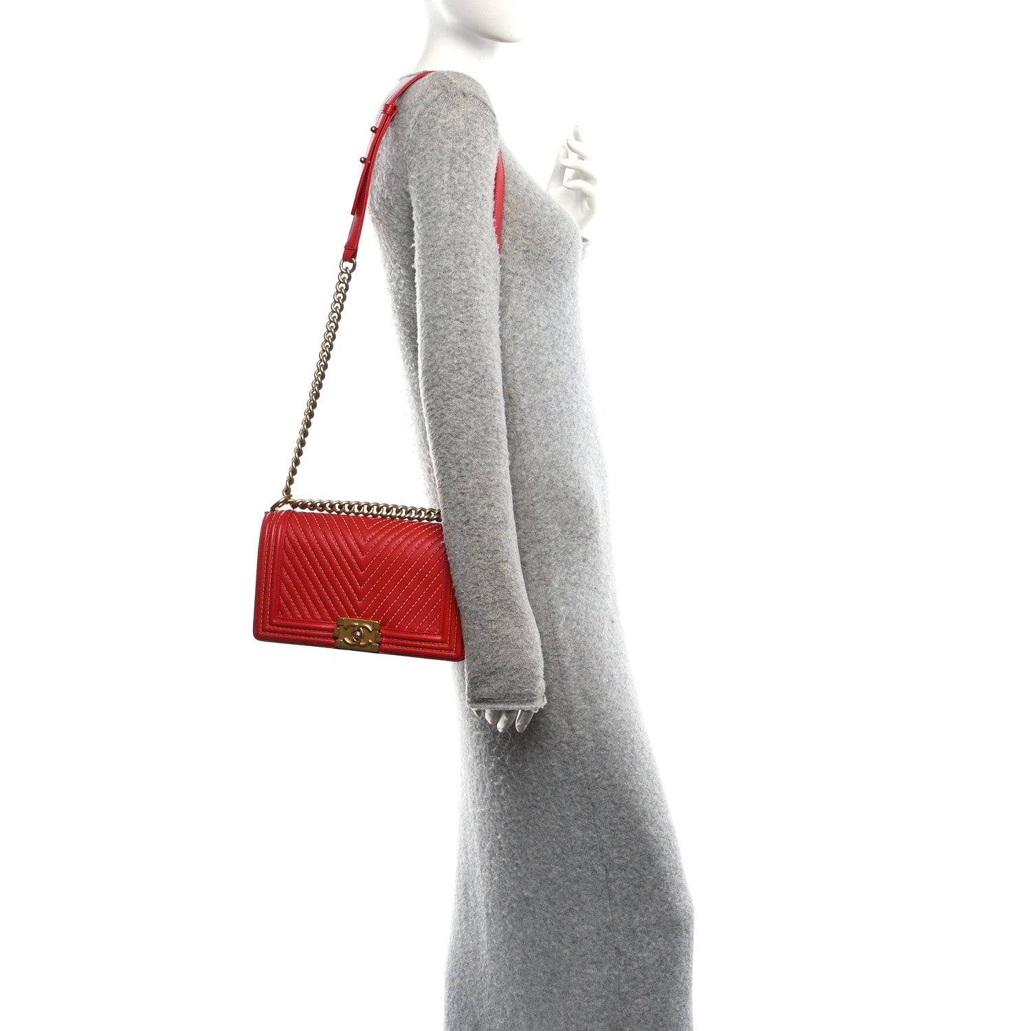 Chanel Lambskin Chevron Chain Stitched Medium Boy Flap Red 2 of 12