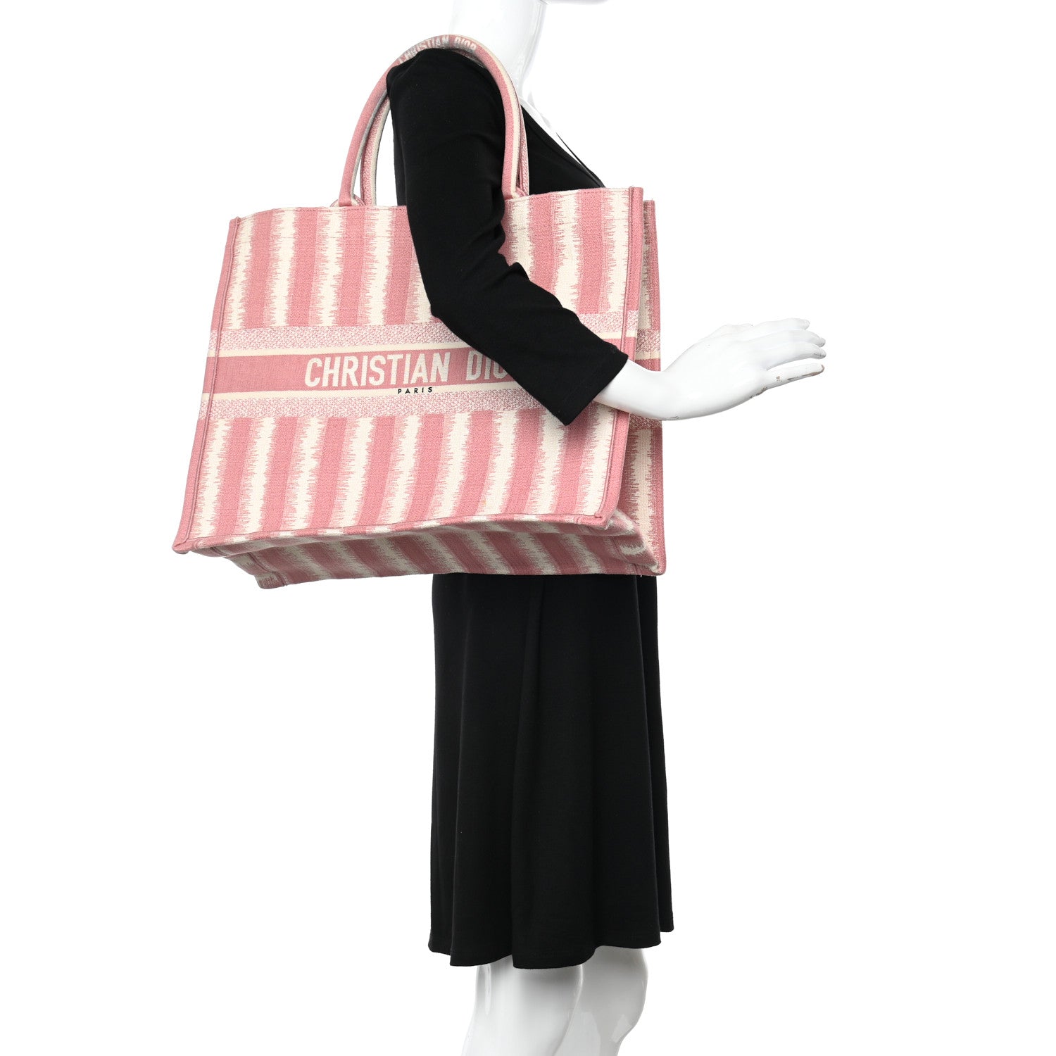 Christian Dior Canvas Embroidered Large Striped Book Tote Pink 2 of 12