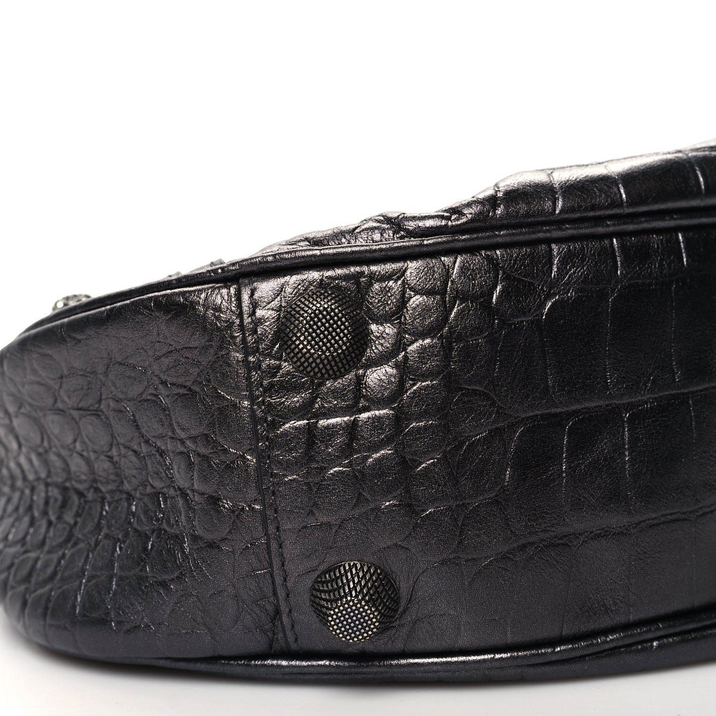 Metallic Calfskin Crocodile Embossed Crystal Small Le Cagole Shoulder Bag Gunmetal