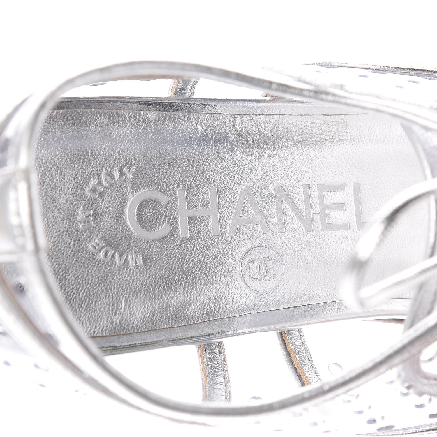 Chanel Metallic Calfskin PVC Cap Toe Lace Up Platform Heels 36 Silver 9 of 9