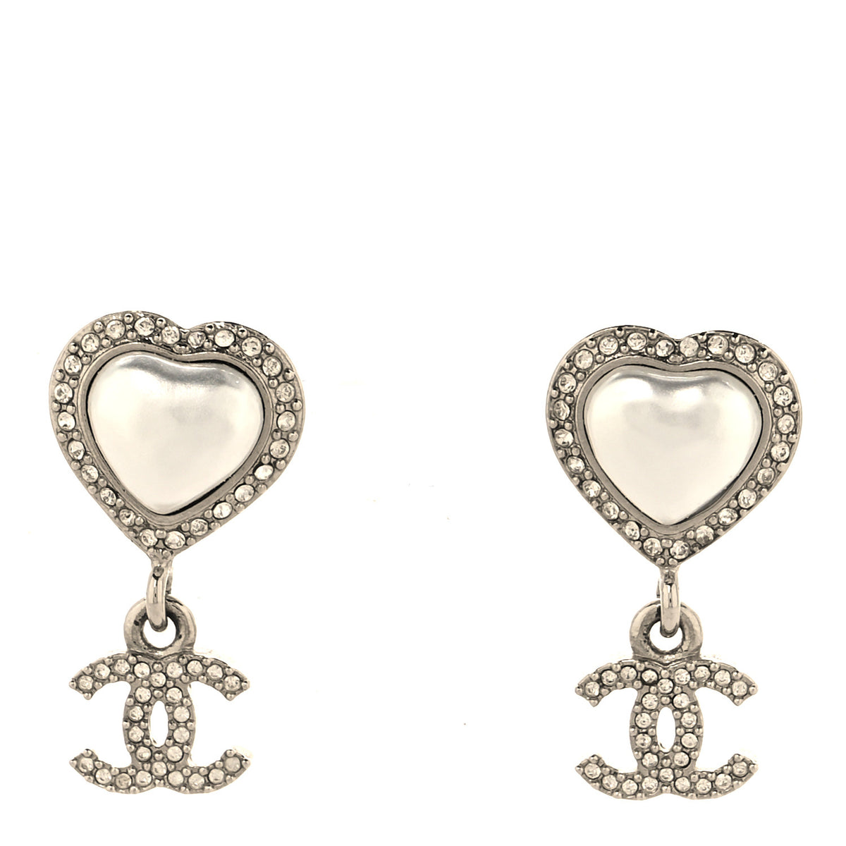 Pearl Crystal CC Heart Drop Earrings Silver