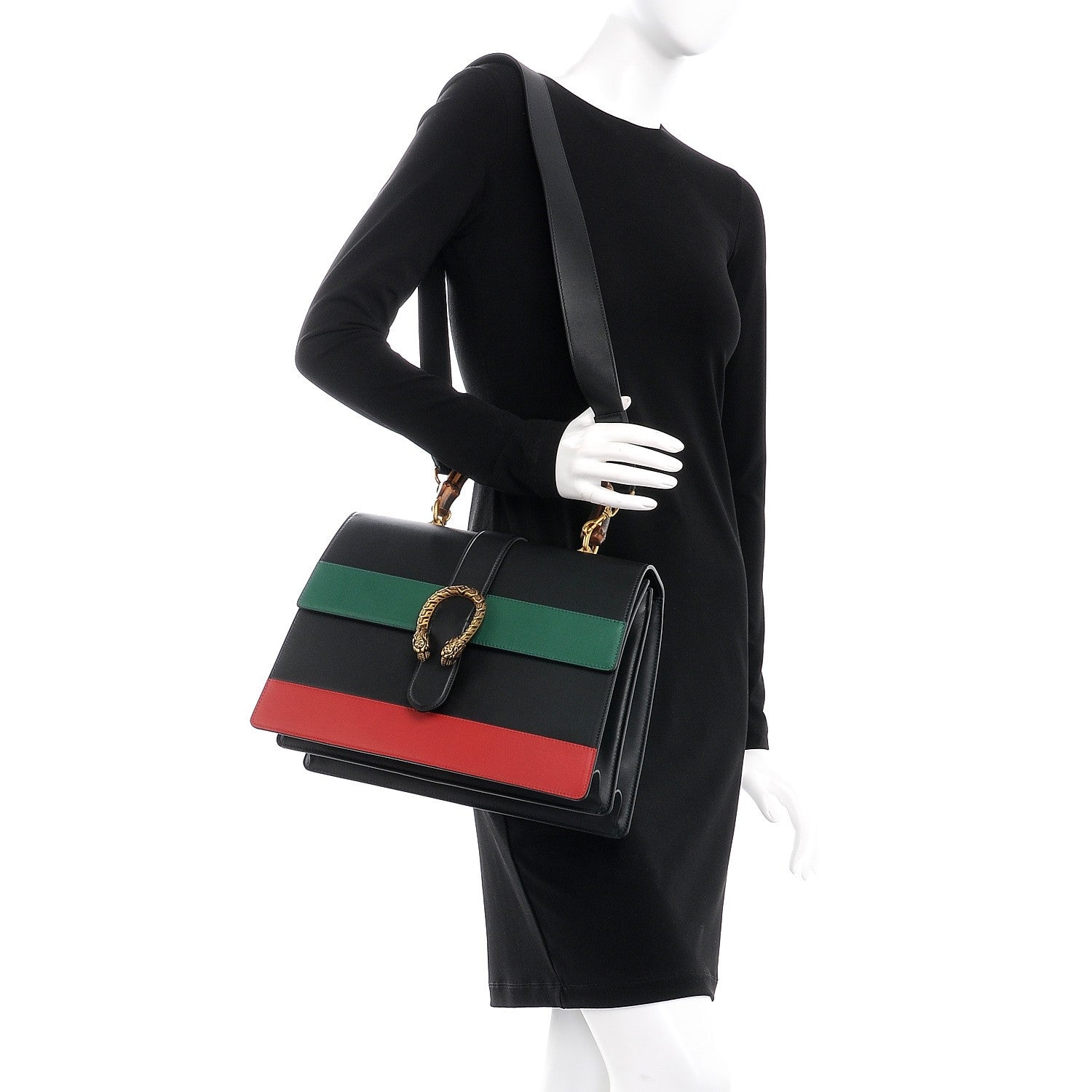 Gucci Calfskin Bamboo Web Large Dionysus Top Handle Bag Black Bright Evergreen Hibiscus Red 2 of 11