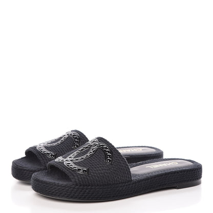 Chanel Cord CC Espadrille Slip On Sandals 40 Black 3 of 15