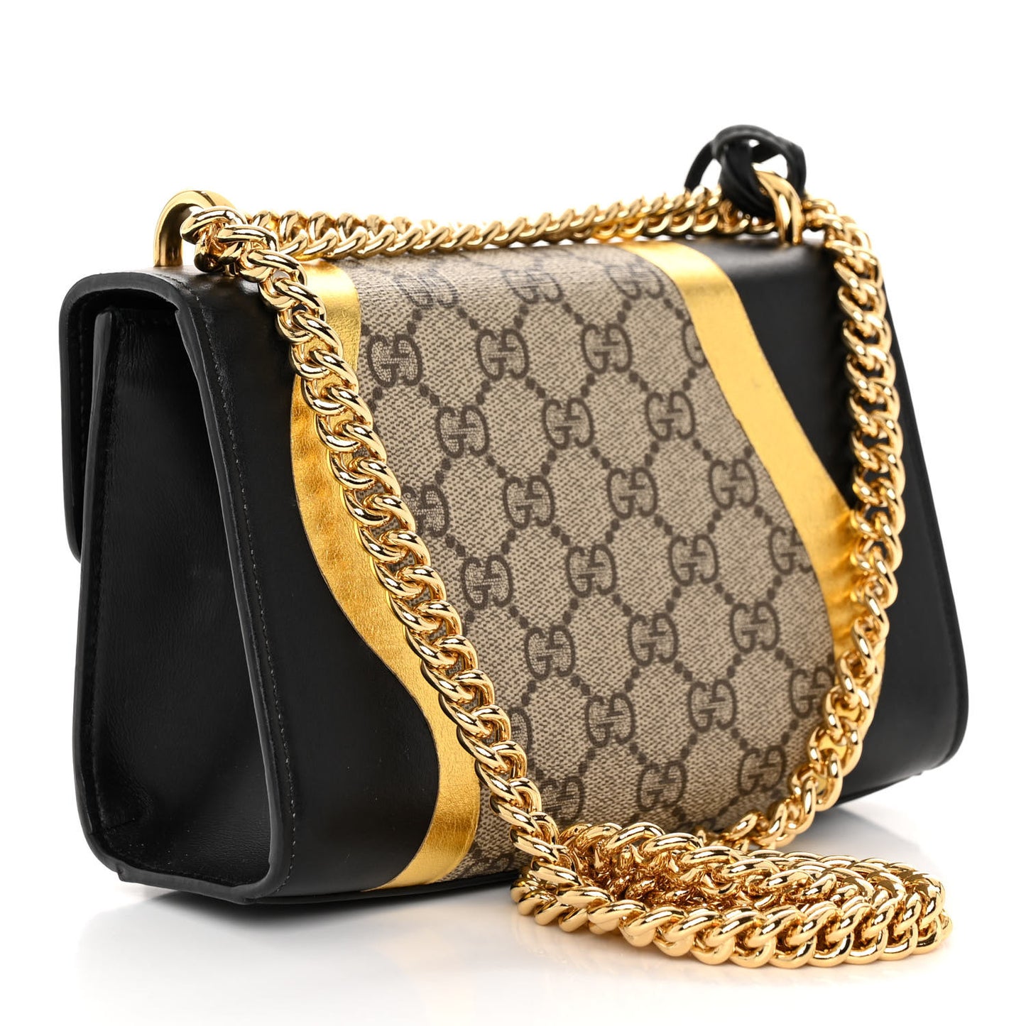 Calfskin GG Supreme Monogram Small Padlock Shoulder Bag Black Gold