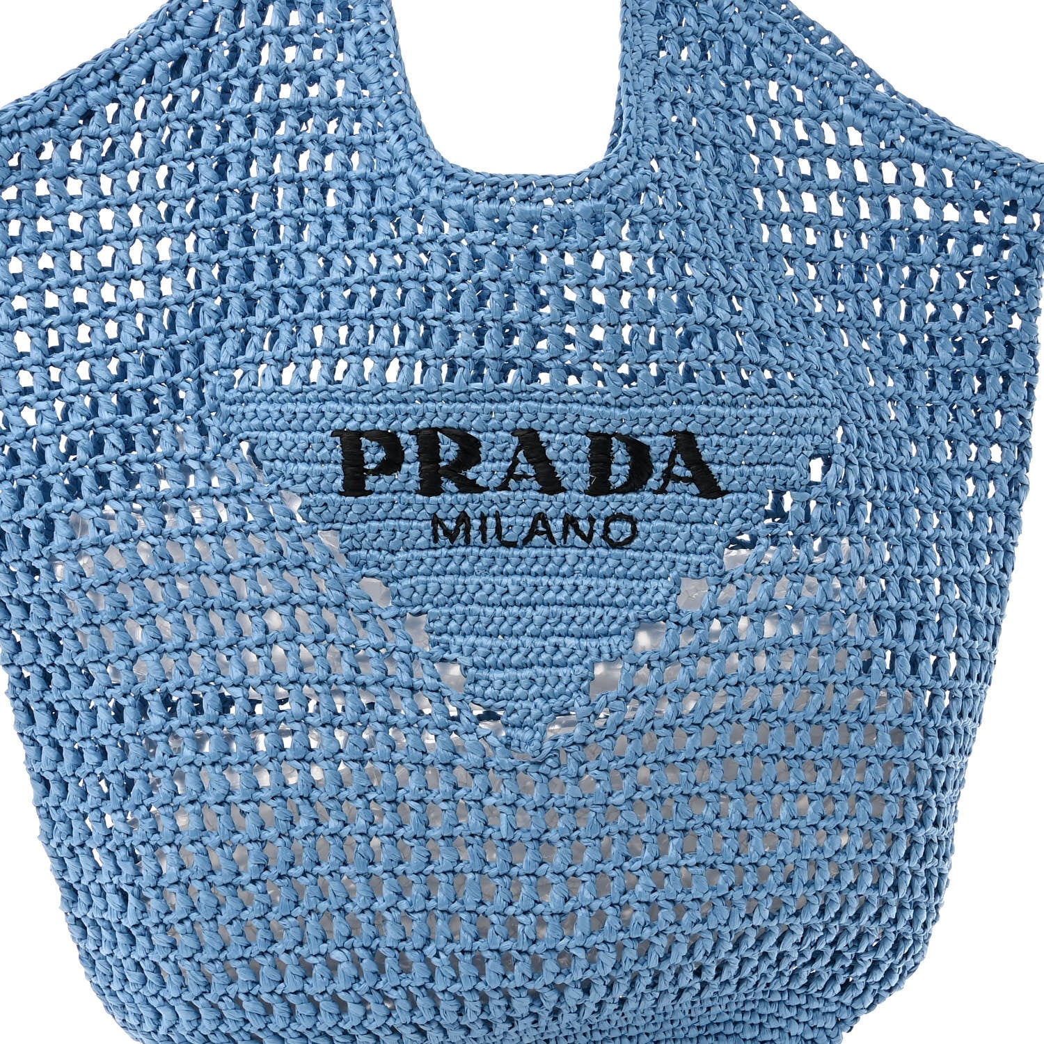 Prada Yarn Raffia Effect Crochet Logo Embroidered Shopping Tote Bag Celeste 8 of 10