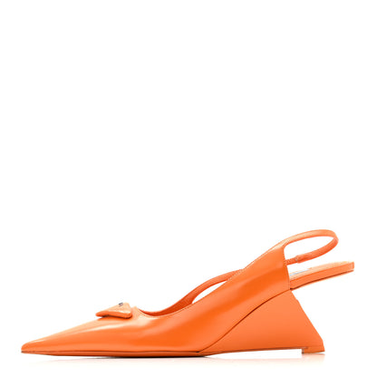 Prada Brushed Calfskin Logo Pointed Toe Slingback Wedges 39.5 Orange 1 of 12