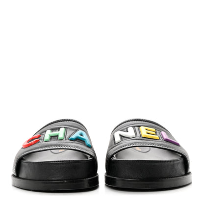 Chanel Lambskin Cha-Nel Mule Sandals 37.5 Black Multicolor 2 of 9