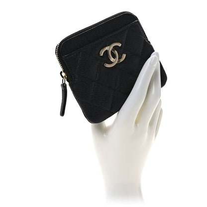 Chanel Caviar Metal Quilted Striated Zip Card Holder Wallet Black 2 of 7