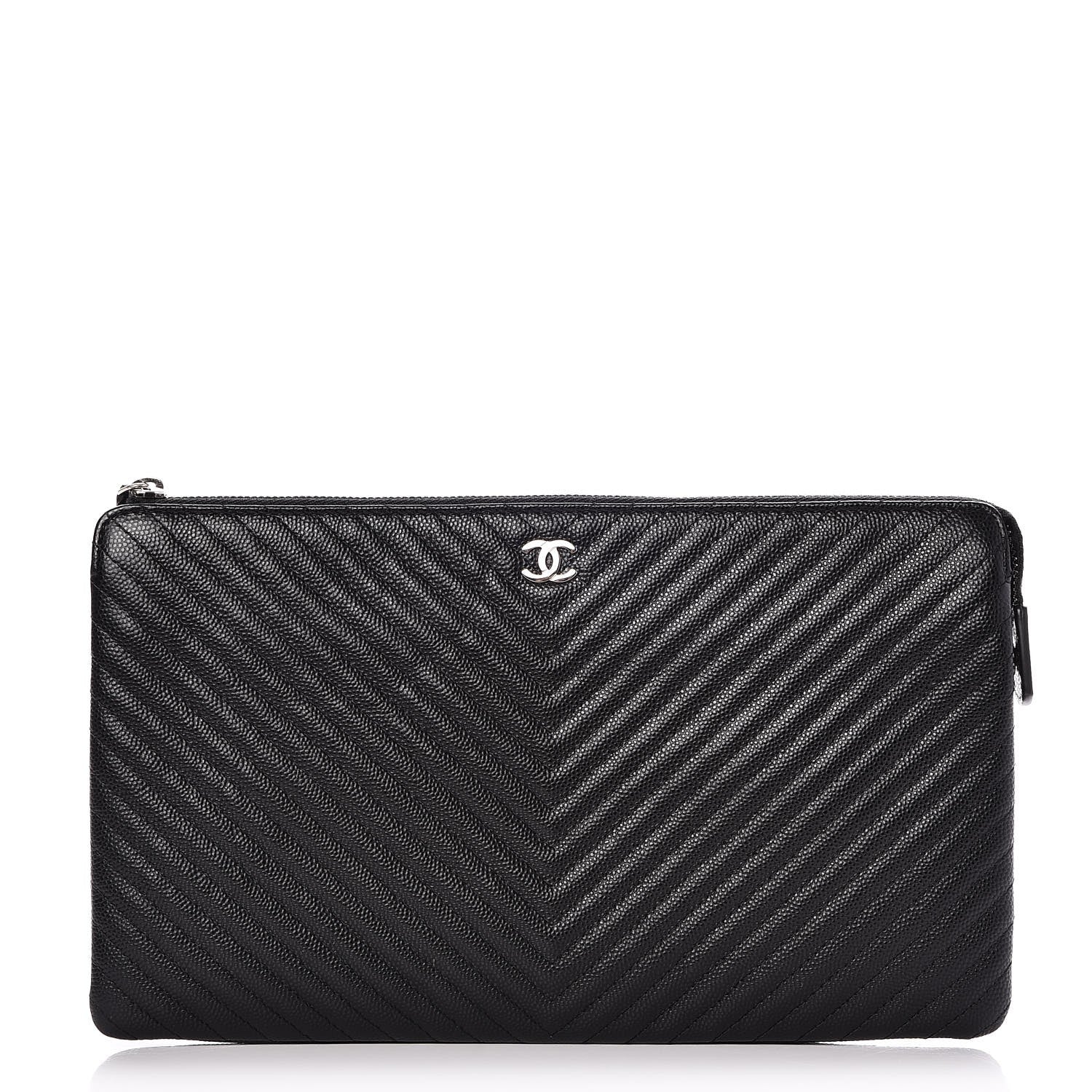 Chanel Caviar Chevron Quilted Large Zipped Clutch Black 1 of 9