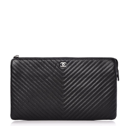 Chanel Caviar Chevron Quilted Large Zipped Clutch Black 1 of 9