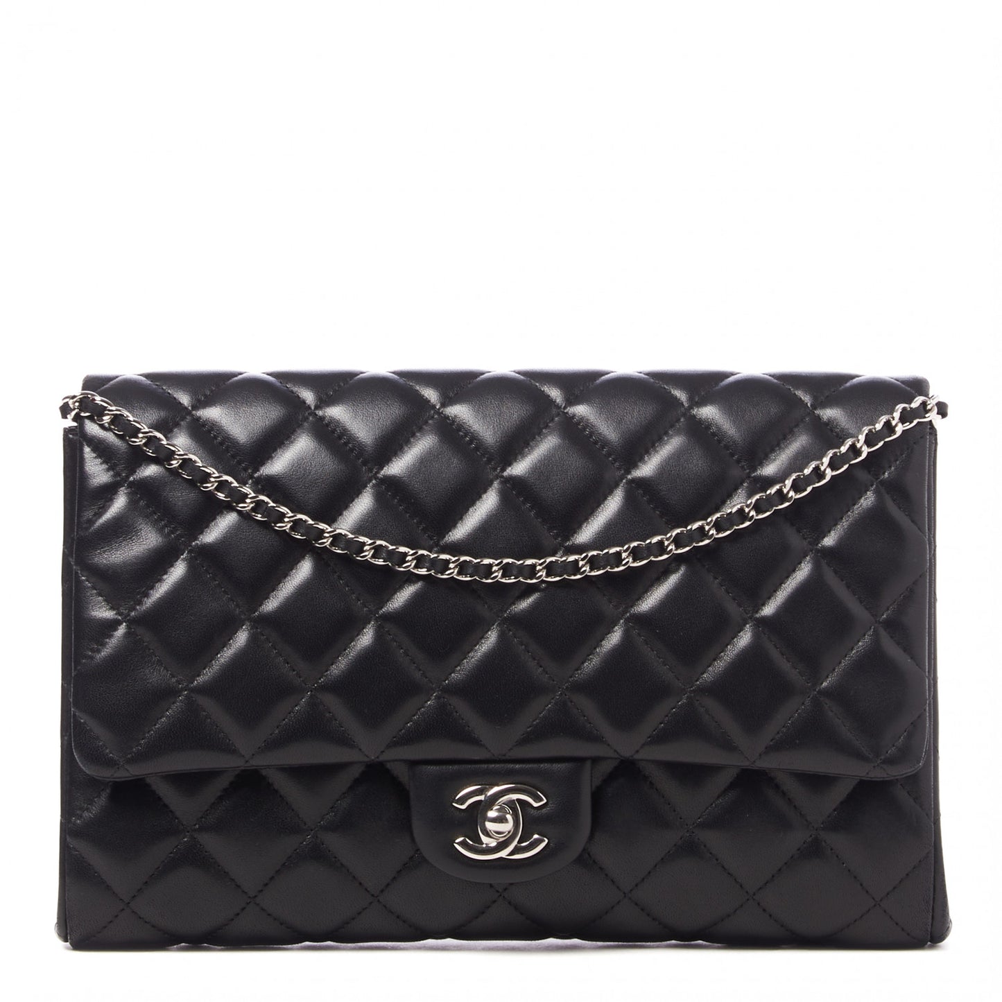 Lambskin Quilted Clutch With Chain Flap Black