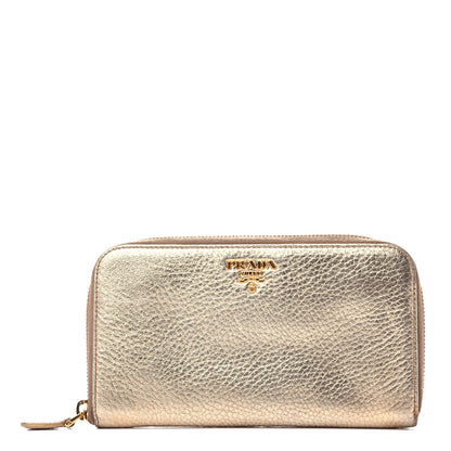 Prada Metallic Vitello Daino Zip Around Wallet Gold 1 of 9