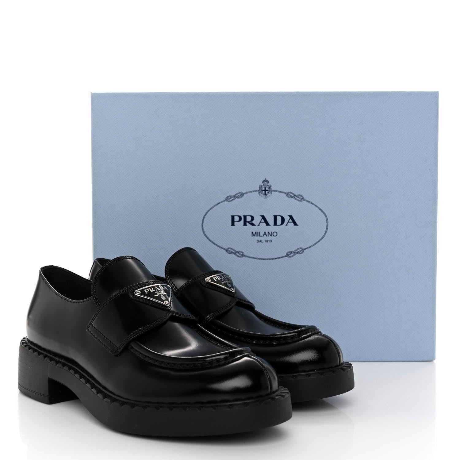 Prada Spazzolato Metal Triangle Logo 50mm Loafers 37.5 Black 10 of 10
