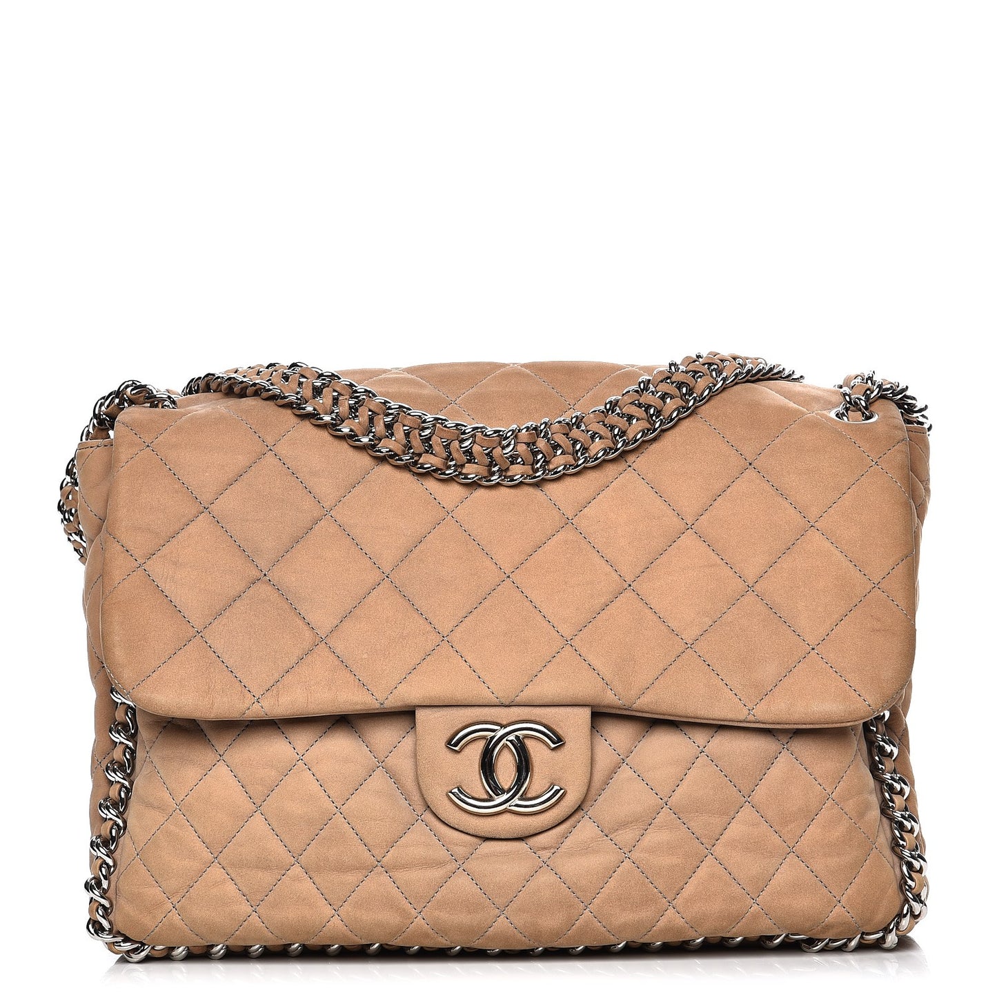 Nubuck Quilted Chain Around Maxi Flap Grey