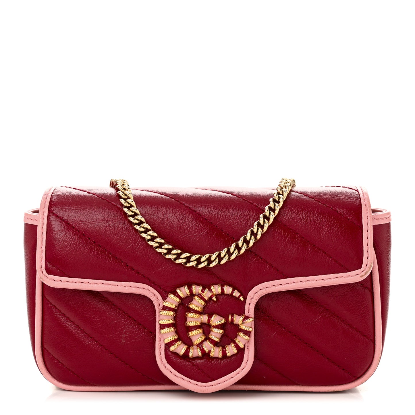 Azalea Calfskin Enamel Matelasse Diagonal Super Mini Torchon GG Marmont Shoulder Bag New Cherry Red Wild Rose