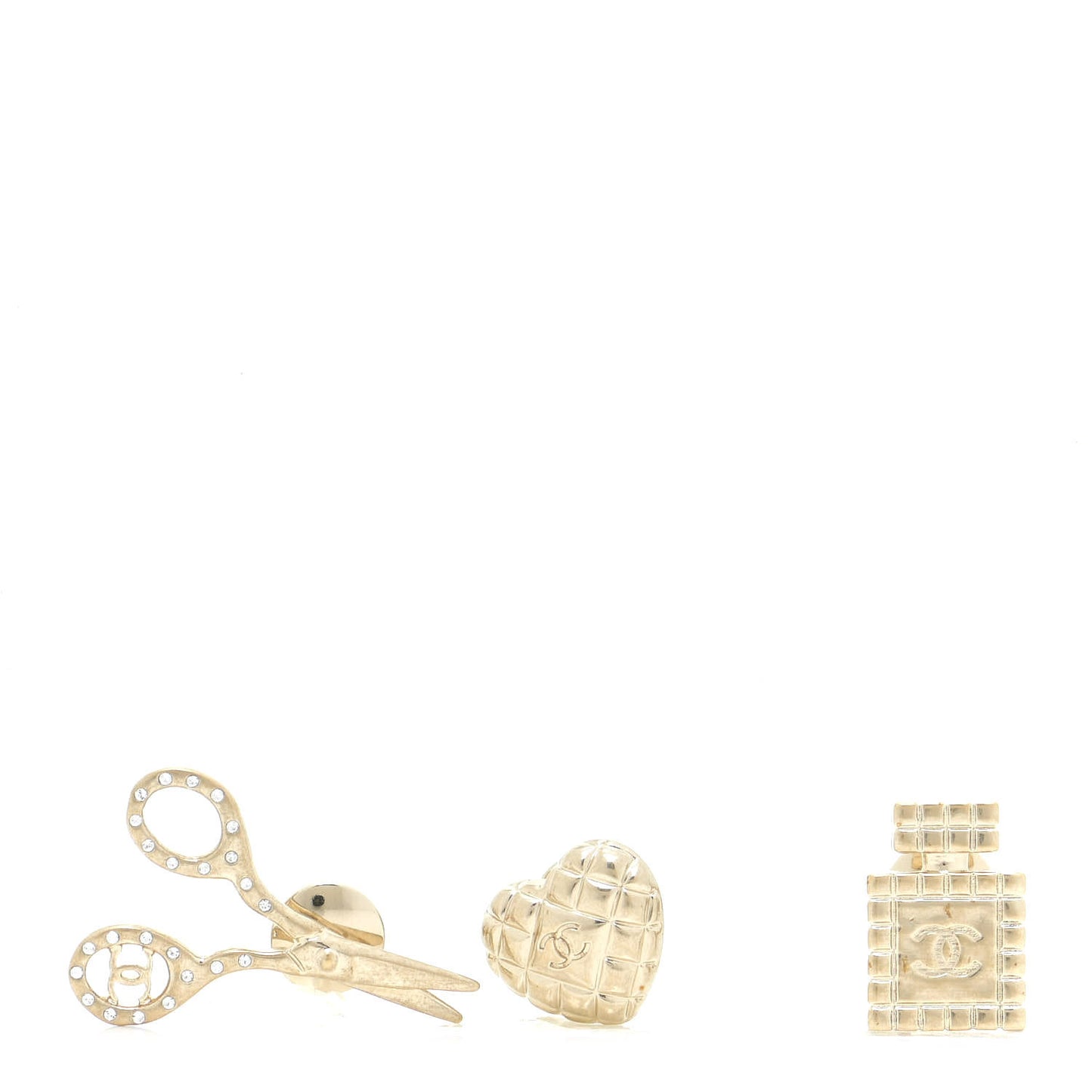 Metal Strass Crystal Quilted CC Heart Scissors Perfume Brooch Set Gold