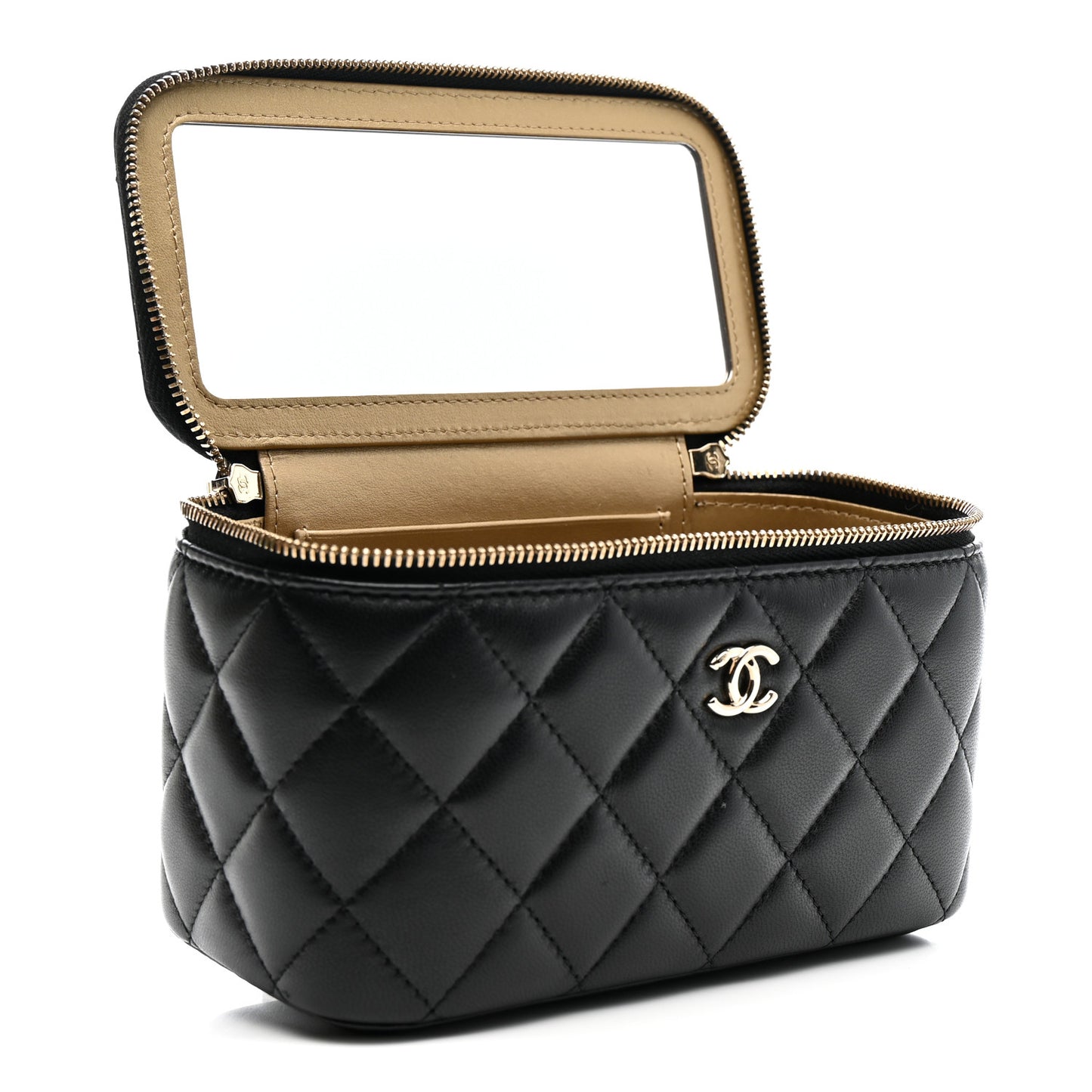 Lambskin Quilted Enamel CC Pearl Crush Small Vanity Case With Chain Black