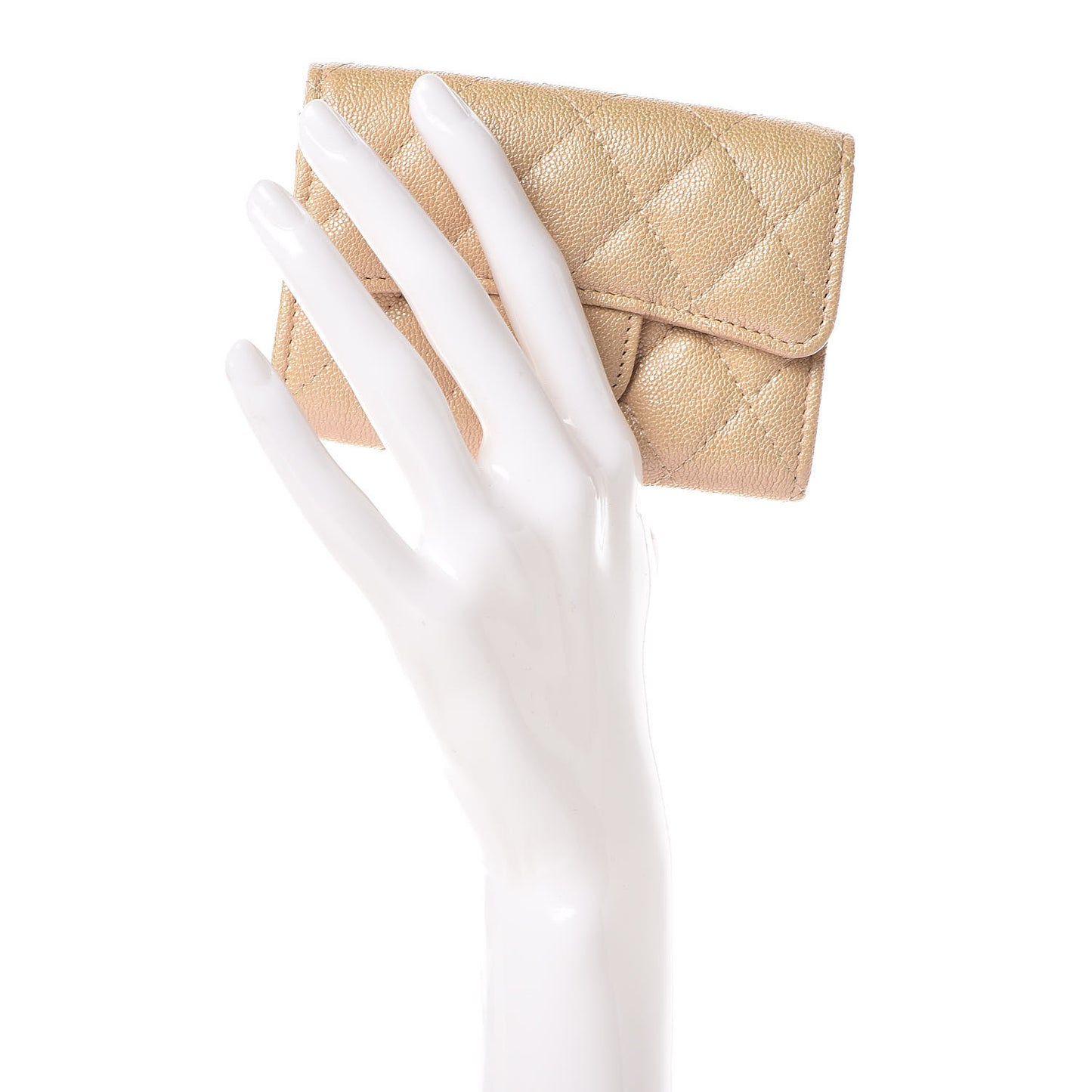 Iridescent Caviar Quilted Flap Card Holder Beige