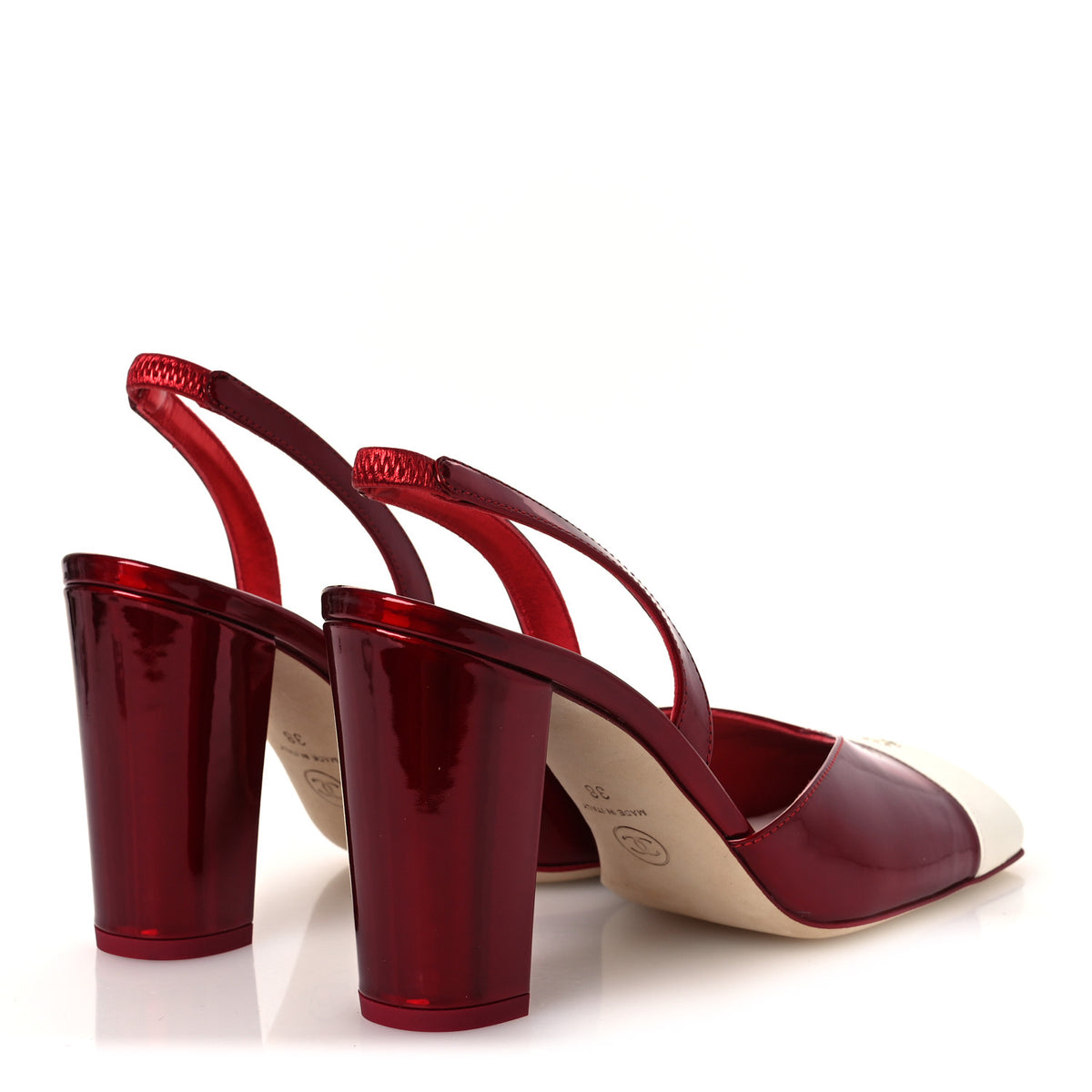 Chanel Laminated Calfskin Lambskin Cap Toe CC Slingback Pumps 38 Red Ivory 5 of 11