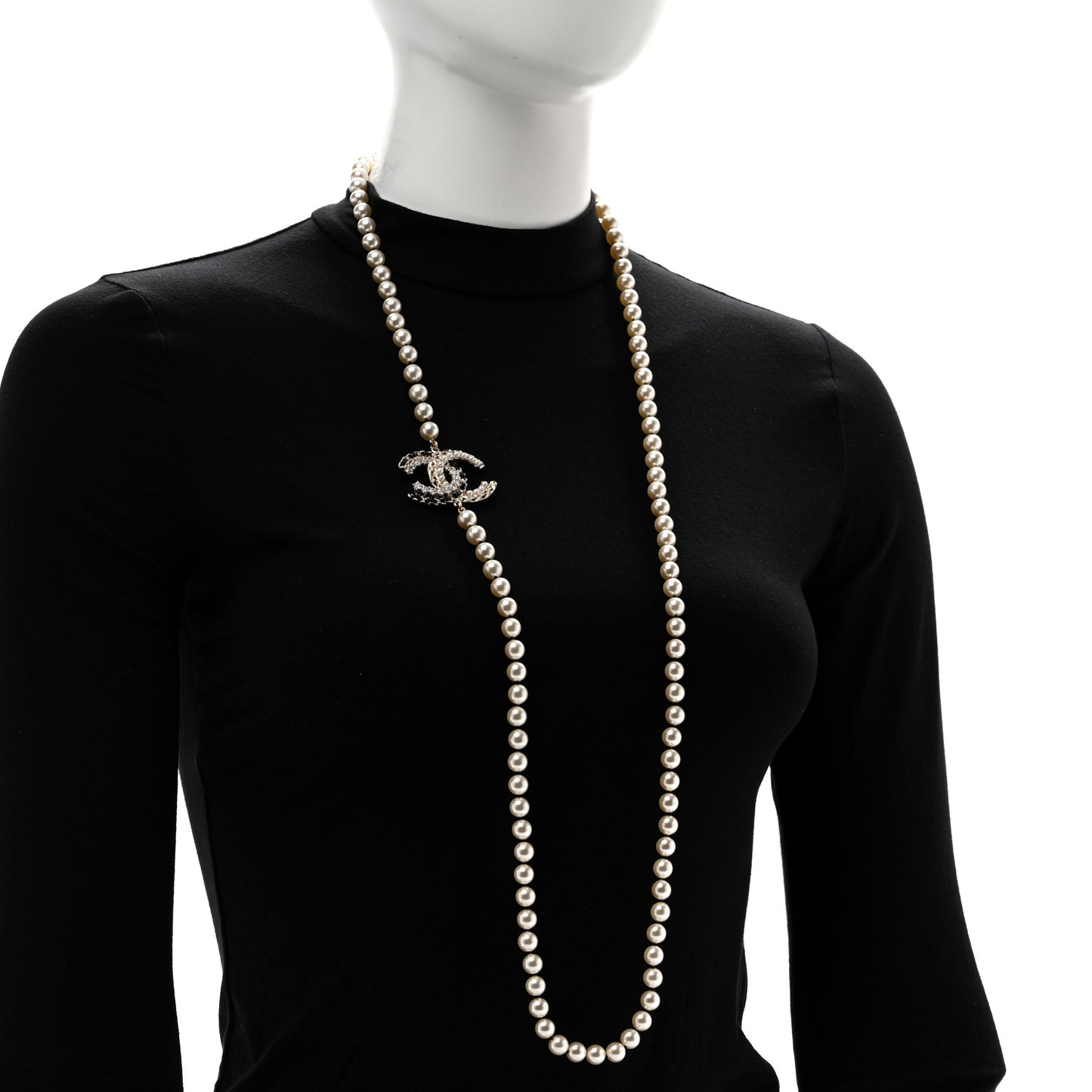 Pearl Crystal Lambskin CC Long Necklace Gold Black