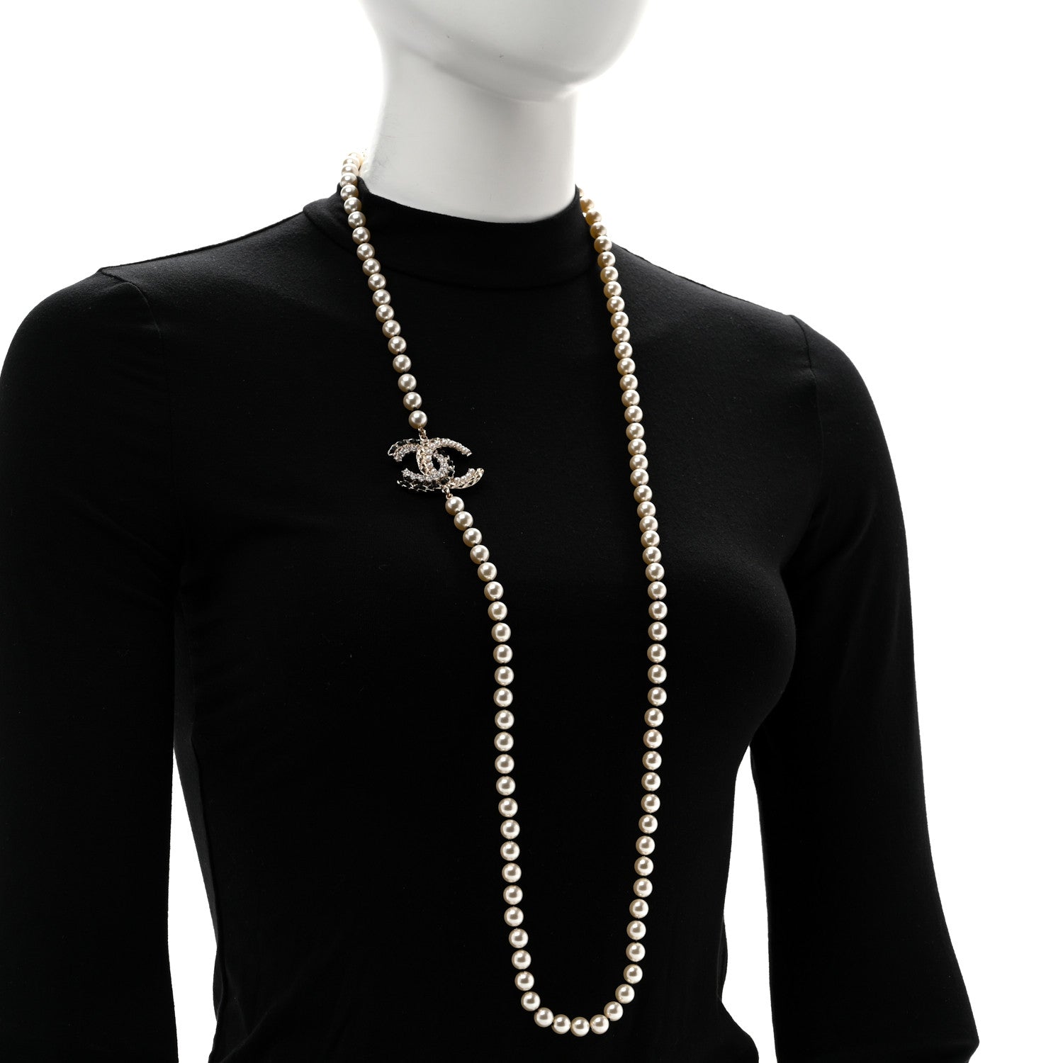 Chanel Pearl Crystal Lambskin CC Long Necklace Gold Black 2 of 5