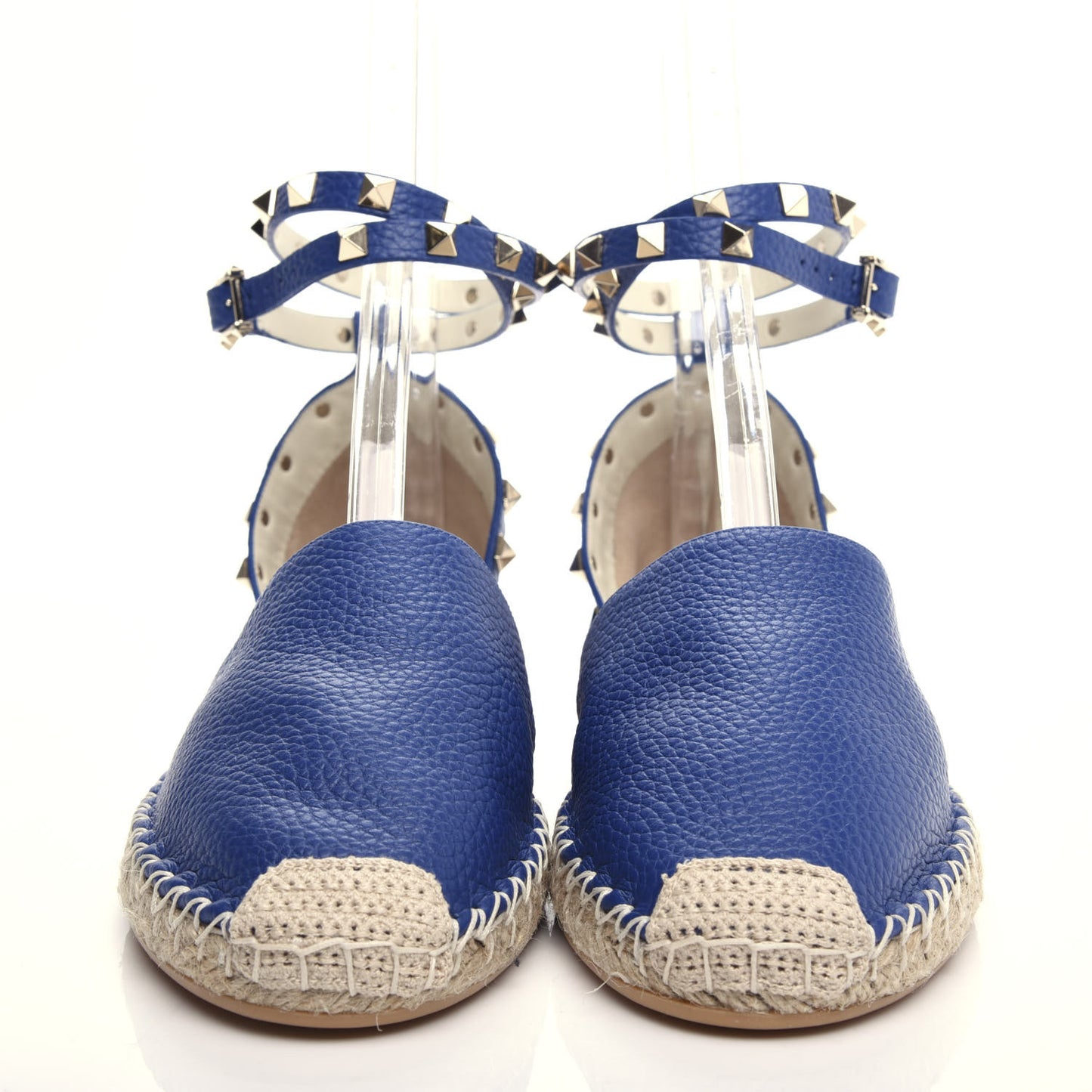 Grained Calfskin Rockstud Ankle Wrap Espadrille 20mm Flats 41 Blu Delft