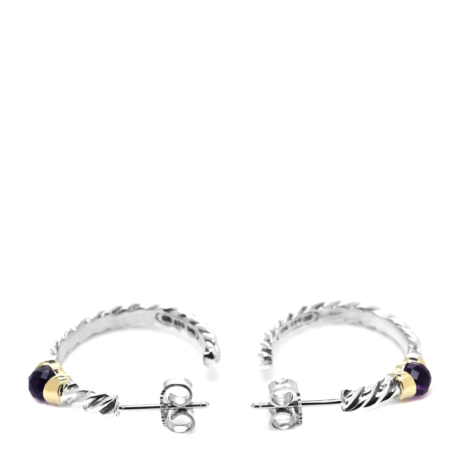 David Yurman Sterling Silver 14K Yellow Gold Amethyst Metro Hoop Earrings 3 of 4