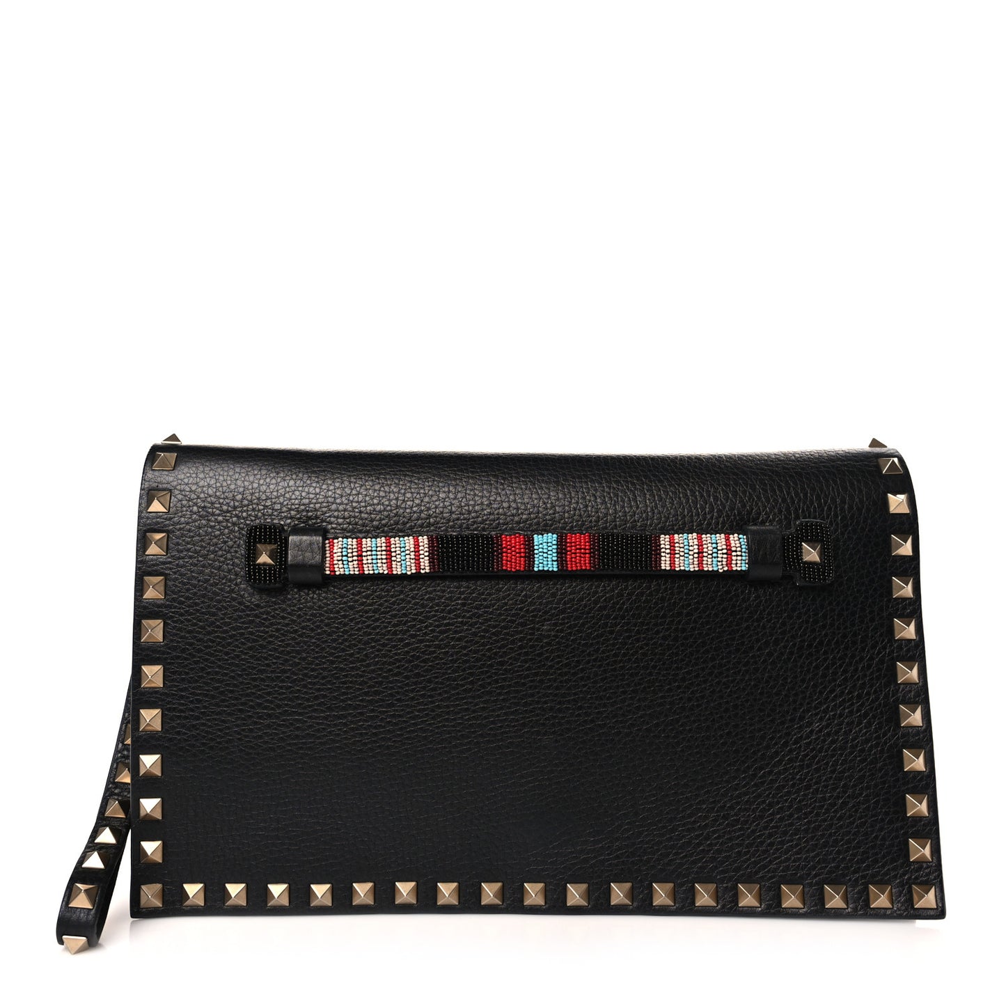 Pebbled Calfskin Beaded Strap Rockstud Medium Clutch Wristlet Black