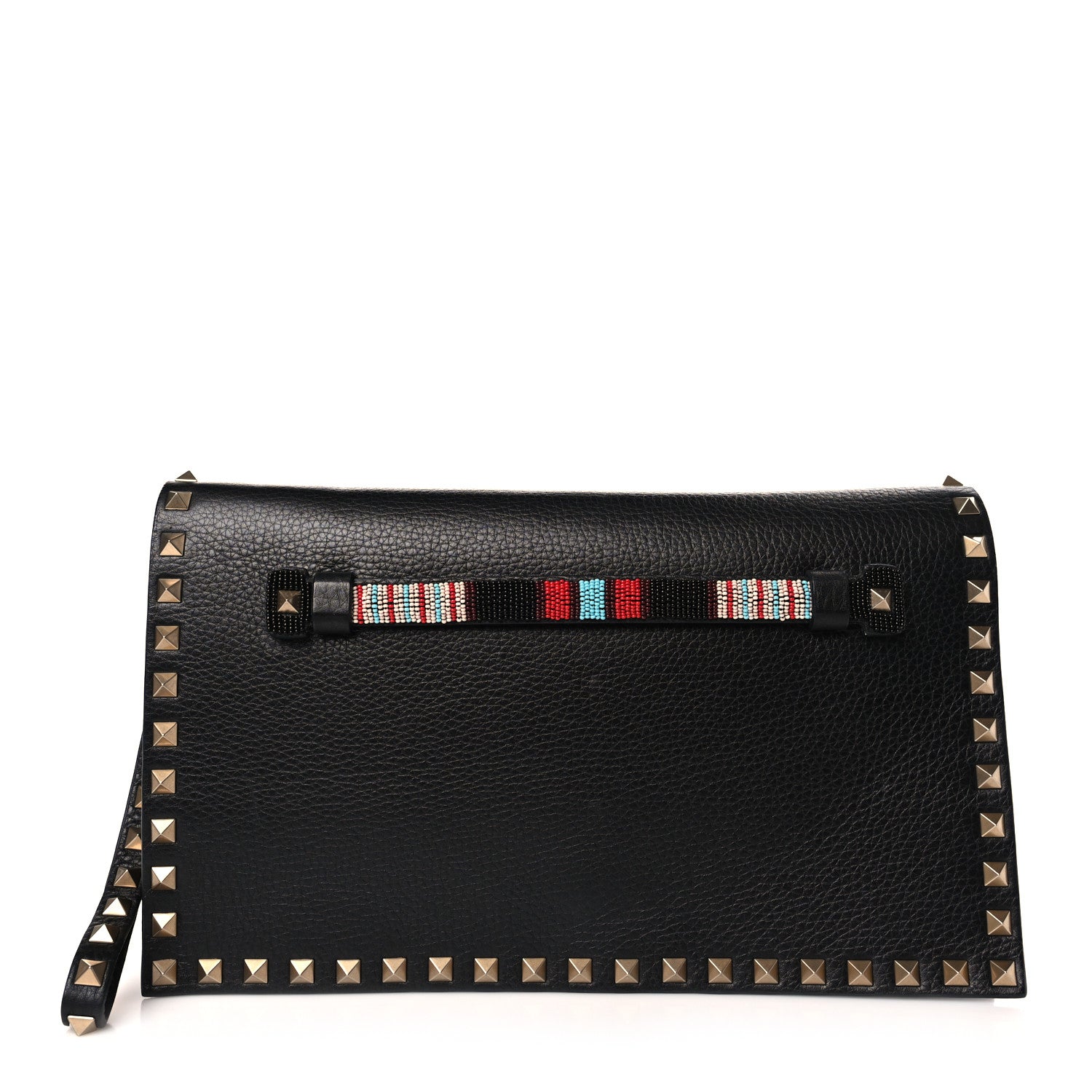 Valentino Garavani Pebbled Calfskin Beaded Strap Rockstud Medium Clutch Wristlet Black 1 of 8