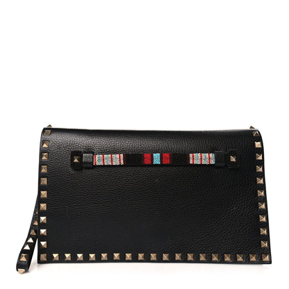 Valentino Garavani Pebbled Calfskin Beaded Strap Rockstud Medium Clutch Wristlet Black 1 of 8