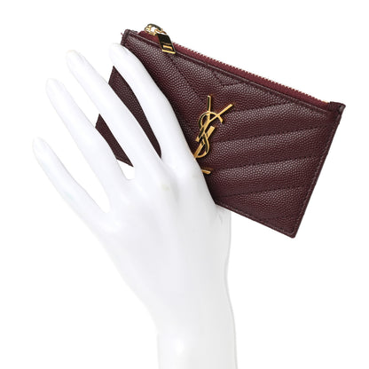 Saint Laurent Grain De Poudre Matelasse Chevron Monogram Fragments Zippered Card Case Rouge Legion 2 of 8