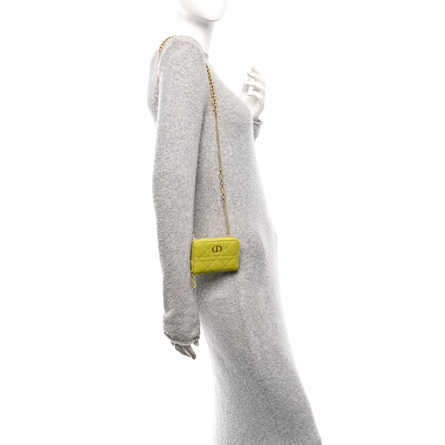 Christian Dior Lambskin Cannage Mini Caro Zipped Pouch on Chain Lime 2 of 10
