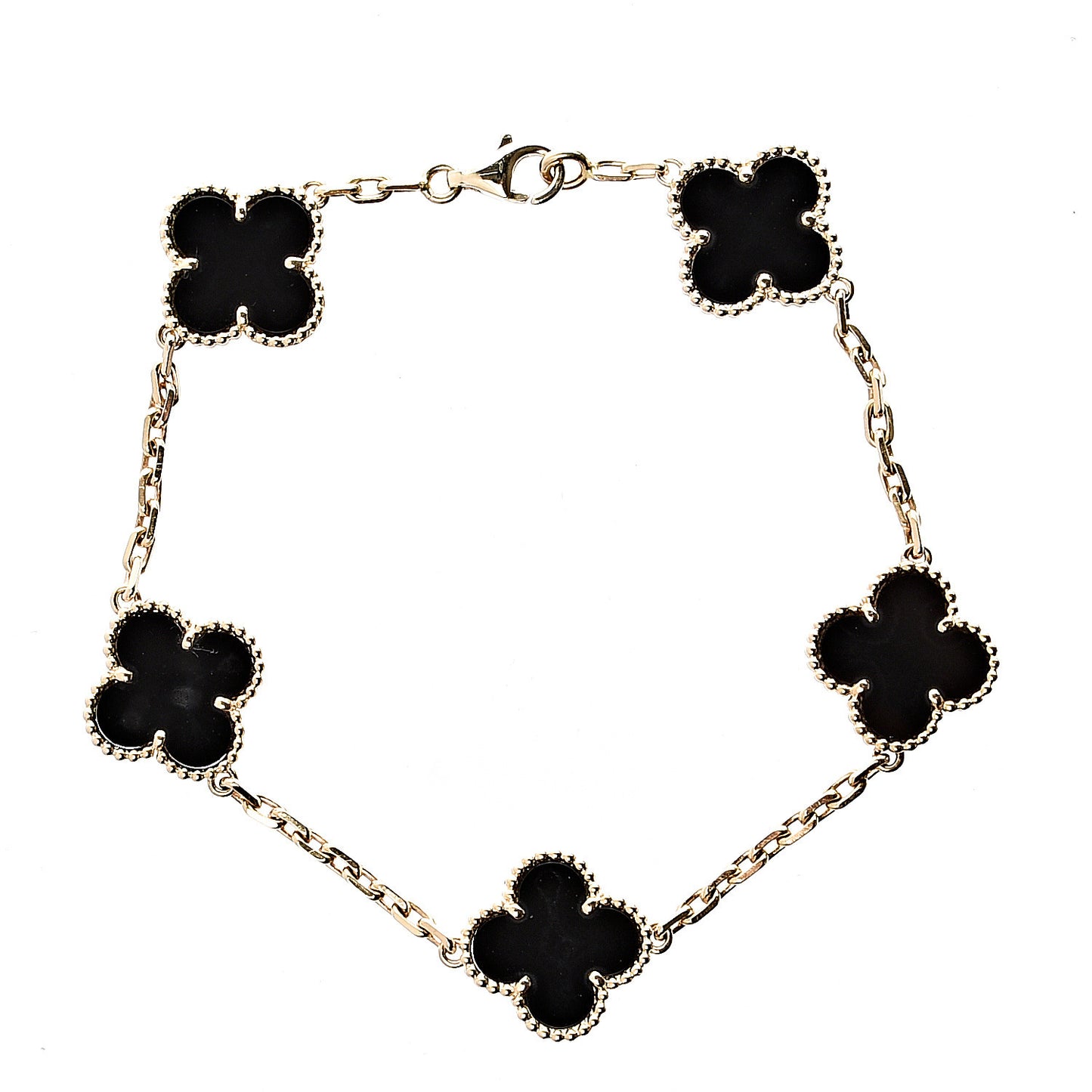 18K Yellow Gold Black Onyx 5 Motifs Vintage Alhambra Bracelet