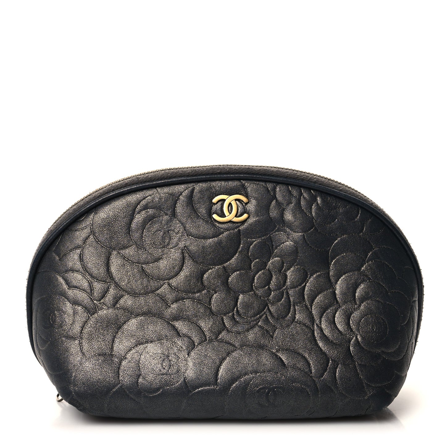 Goatskin Camellia Embossed Cosmetic Case Grey