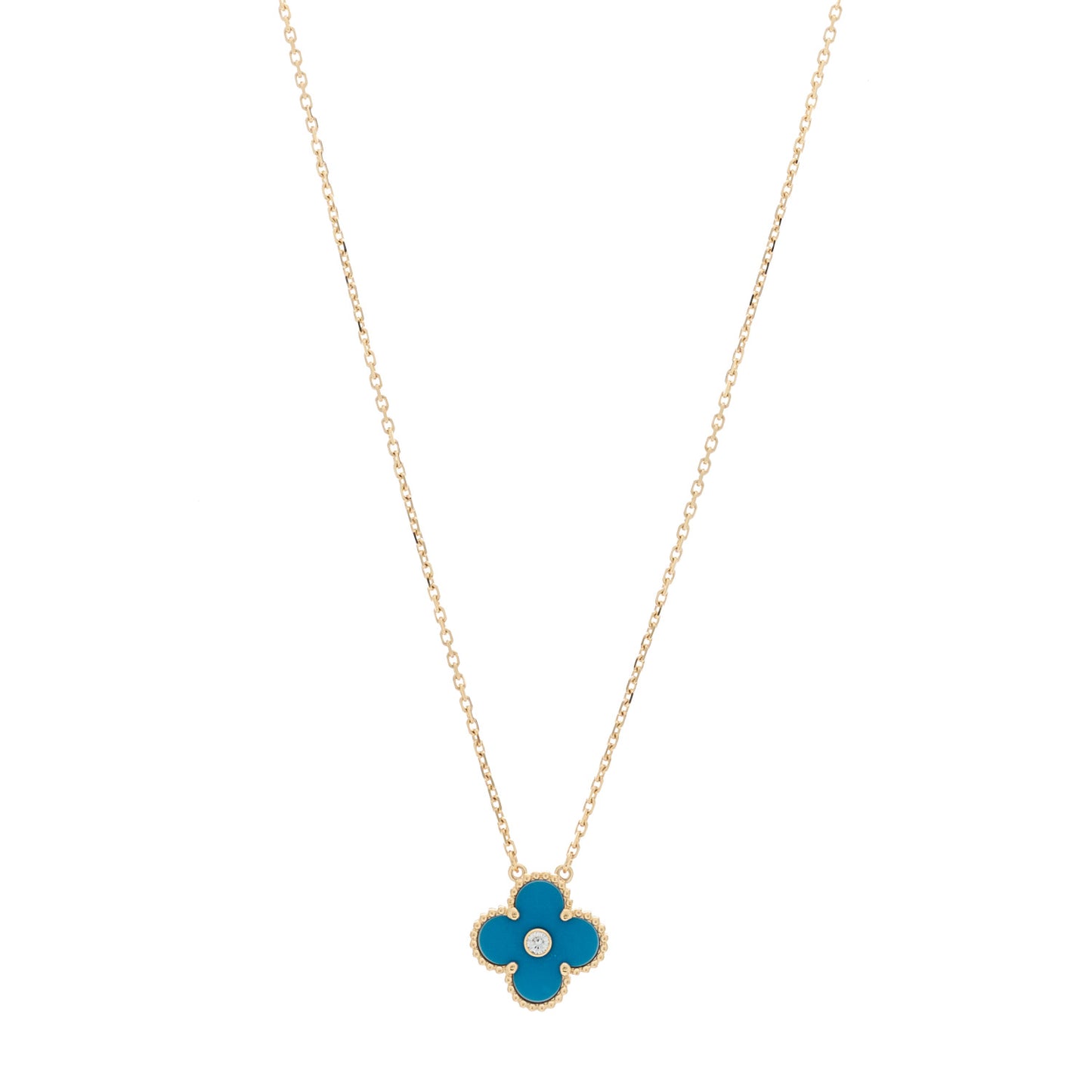 18K Yellow Gold Diamond Celestial Blue Sevres Porcelain Vintage Alhambra Pendant Necklace