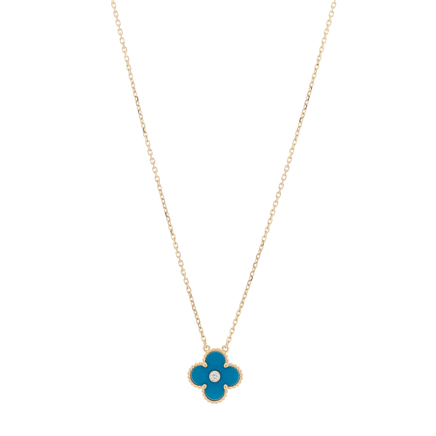 Van Cleef & Arpels 18K Yellow Gold Diamond Celestial Blue Sevres Porcelain Vintage Alhambra Pendant Necklace 1 of 4