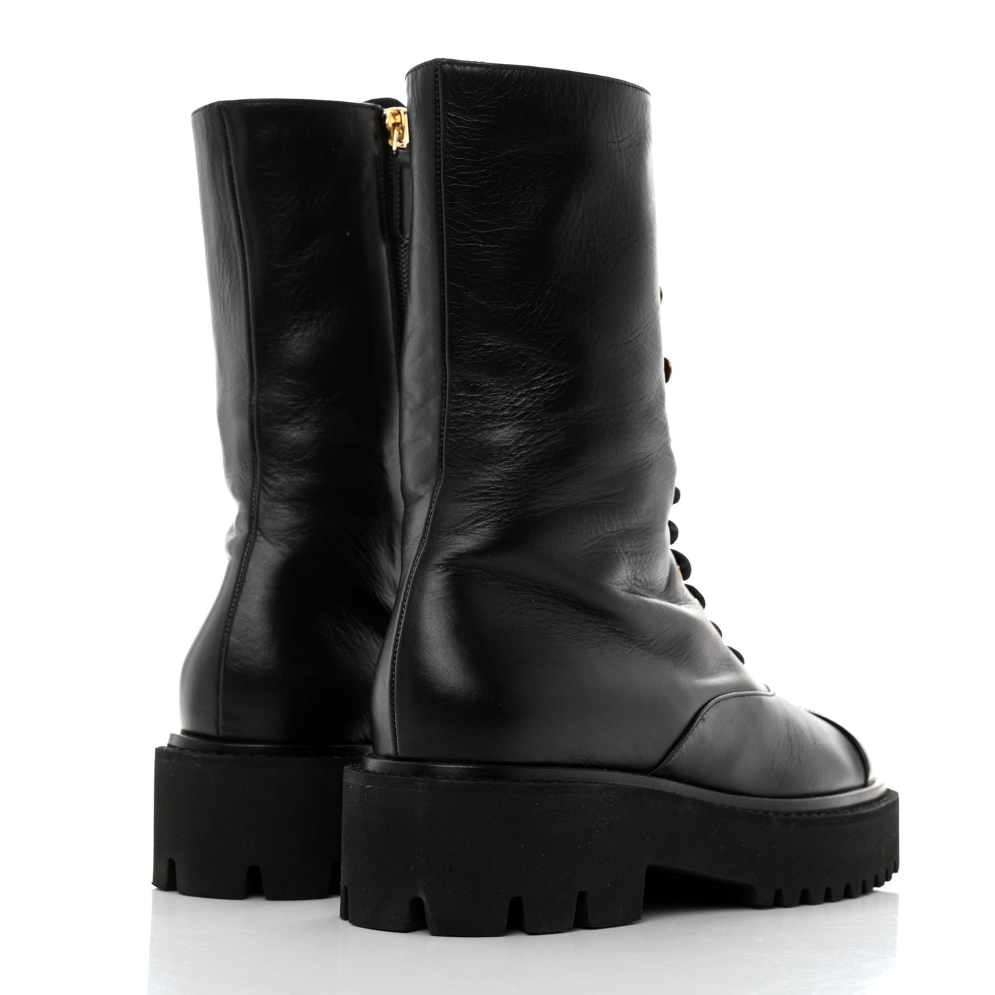 Crumpled Calfskin Patent Cap Toe Lace Up Combat Boots 38 Black