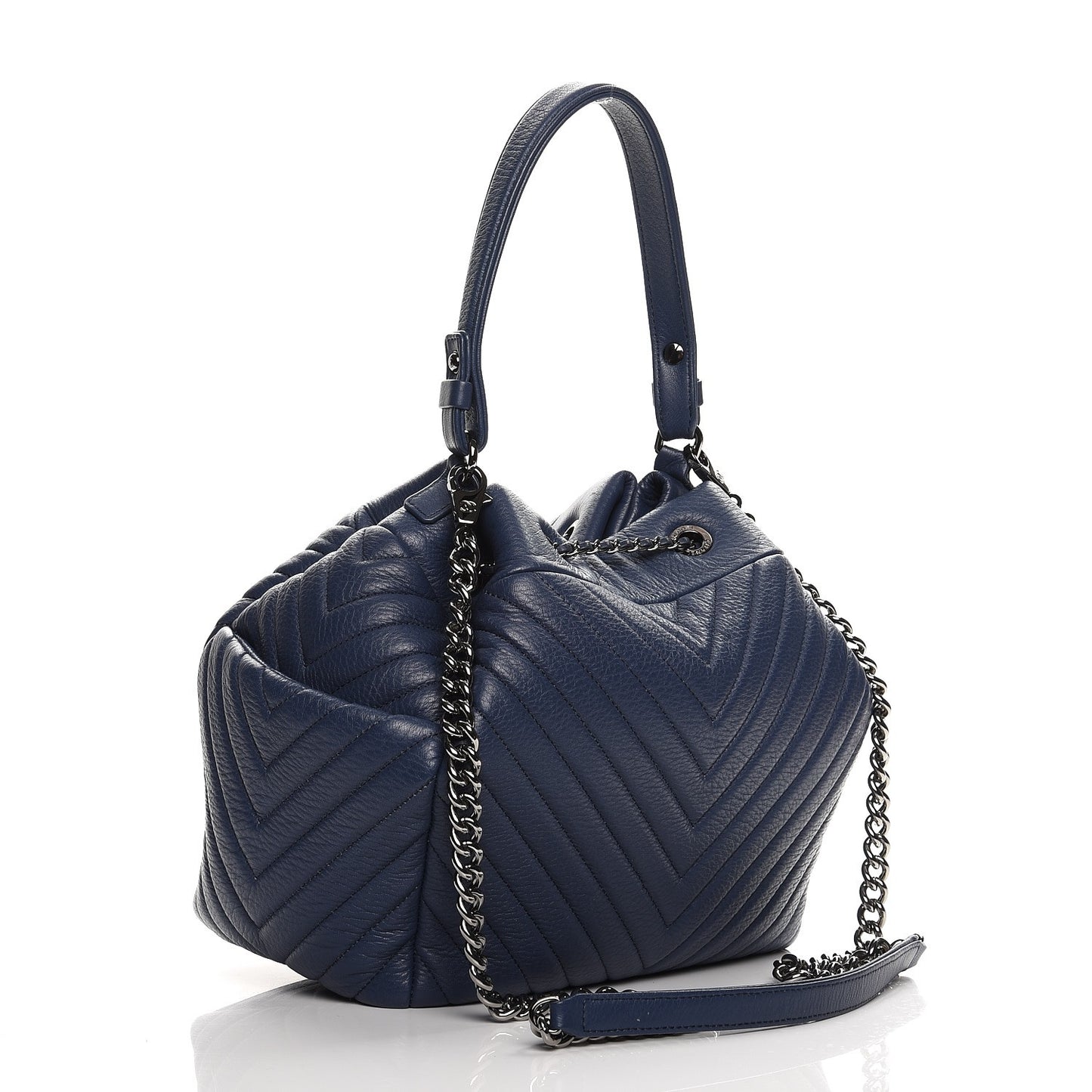 Deerskin Chevron Medium CC Chain Bucket Drawstring Bag Navy Blue