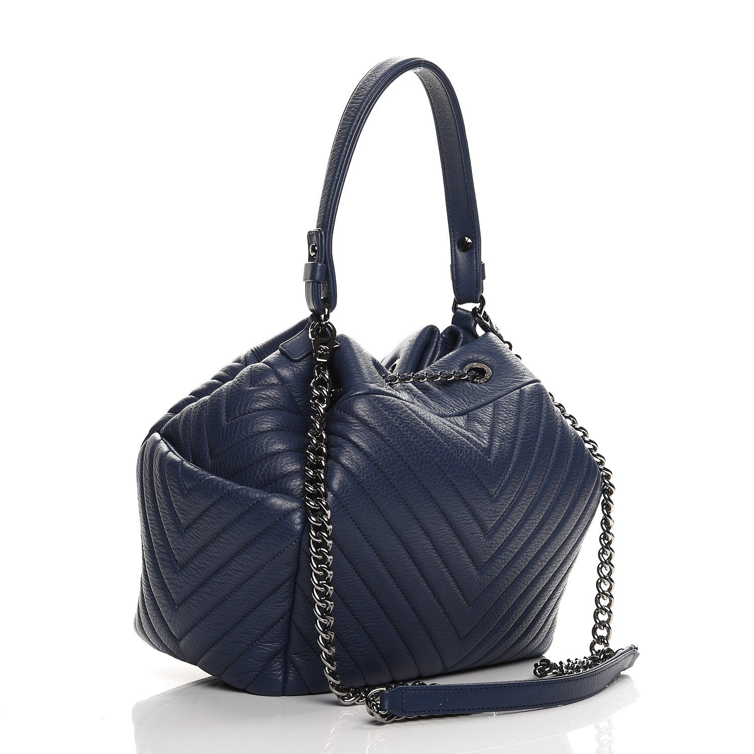Chanel Deerskin Chevron Medium CC Chain Bucket Drawstring Bag Navy Blue 4 of 10