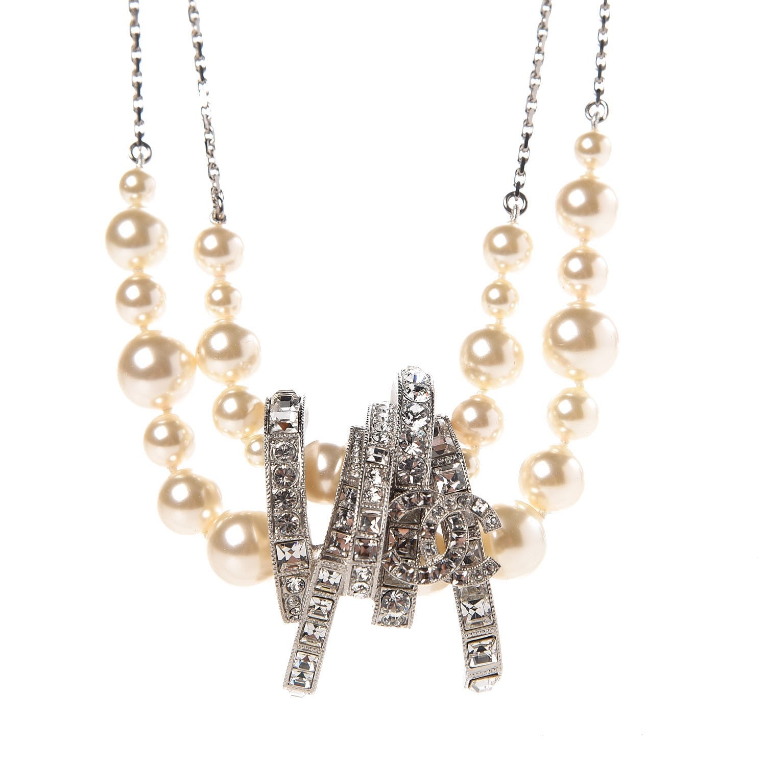 Chanel Pearl Crystal Baguette CC Double Strand Necklace Silver 4 of 5