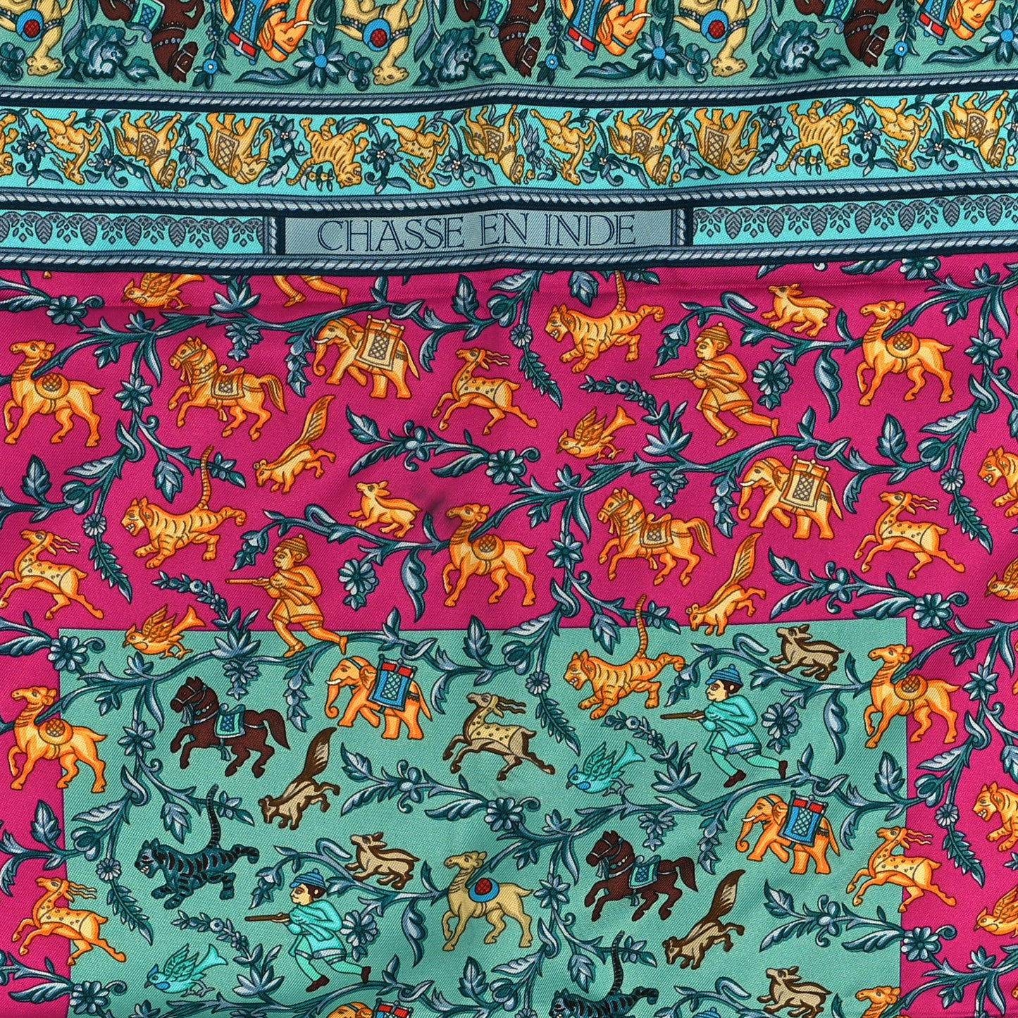 Silk Chasse En Inde Scarf 90 Bouton D'Or Turquoise Fuchsia