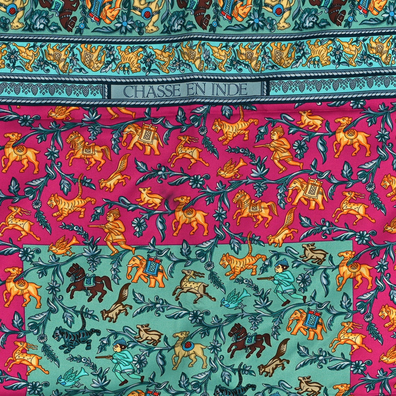Hermes Silk Chasse En Inde Scarf 90 Bouton D'Or Turquoise Fuchsia 4 of 4