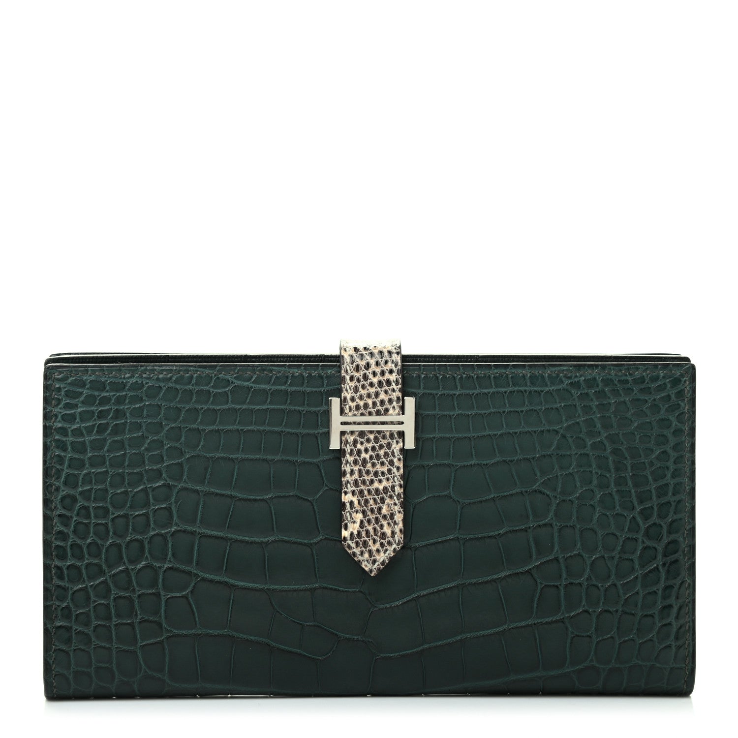 Hermes Matte Alligator Lizard Bearn Gusset Wallet Ombre Vert Fonce 1 of 7
