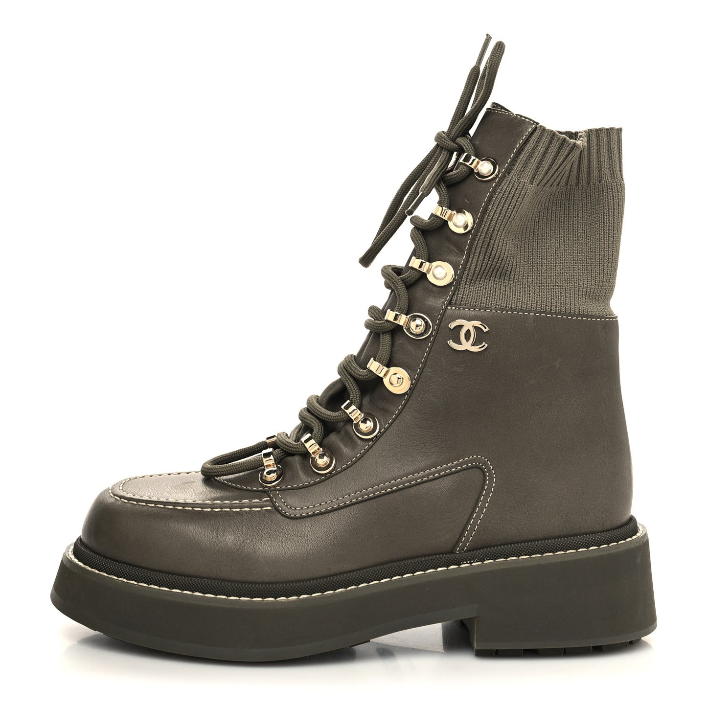 Calfskin Knit Lace Up Combat Boots 38 Green