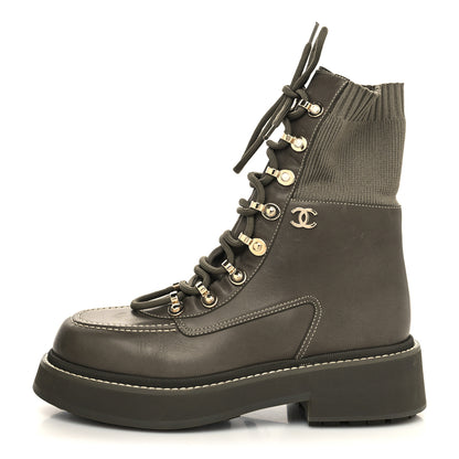 Chanel Calfskin Knit Lace Up Combat Boots 38 Green 1 of 6