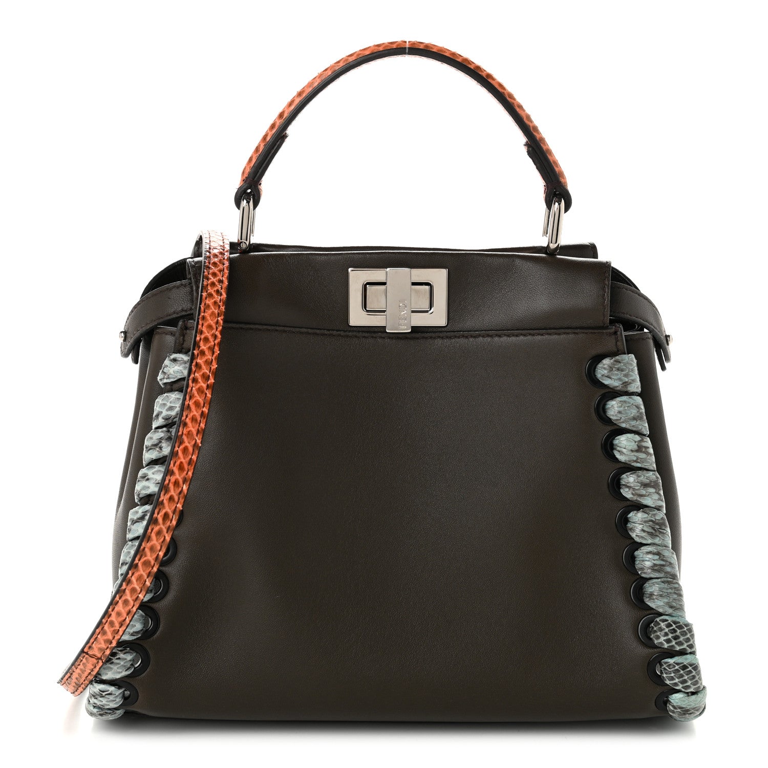 Fendi Calfskin Elaphe Lace Up Selleria Mini Peekaboo Iconic Satchel Verde Prato Arancio 1 of 9