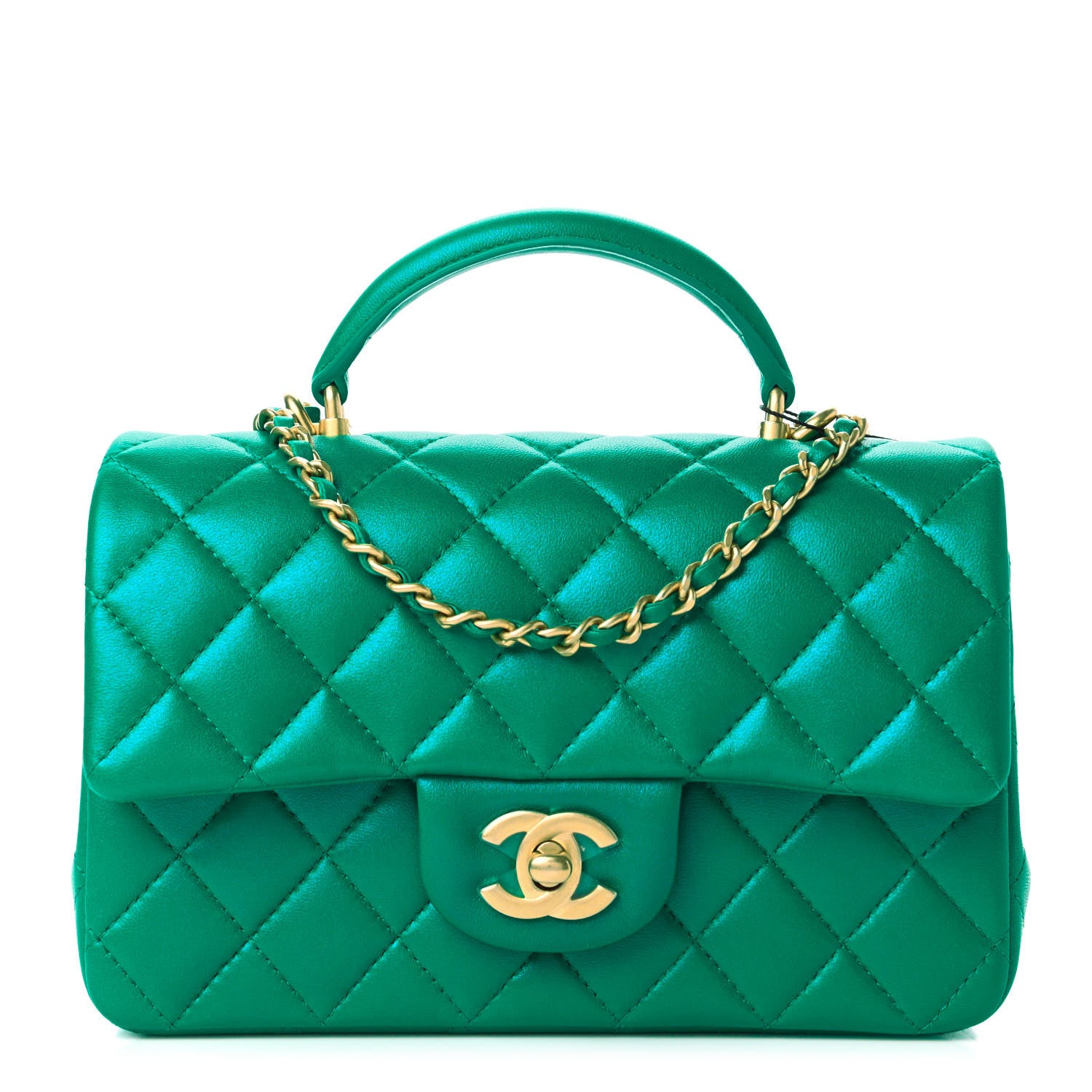 Chanel Iridescent Lambskin Quilted Mini Top Handle Rectangular Flap Green 1 of 11