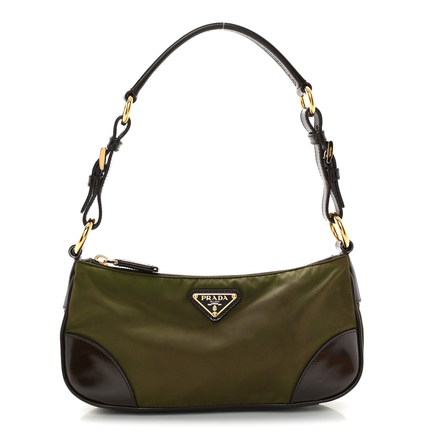 Prada Tessuto Nylon Soft Calf Shoulder Bag Green Brown 1 of 12