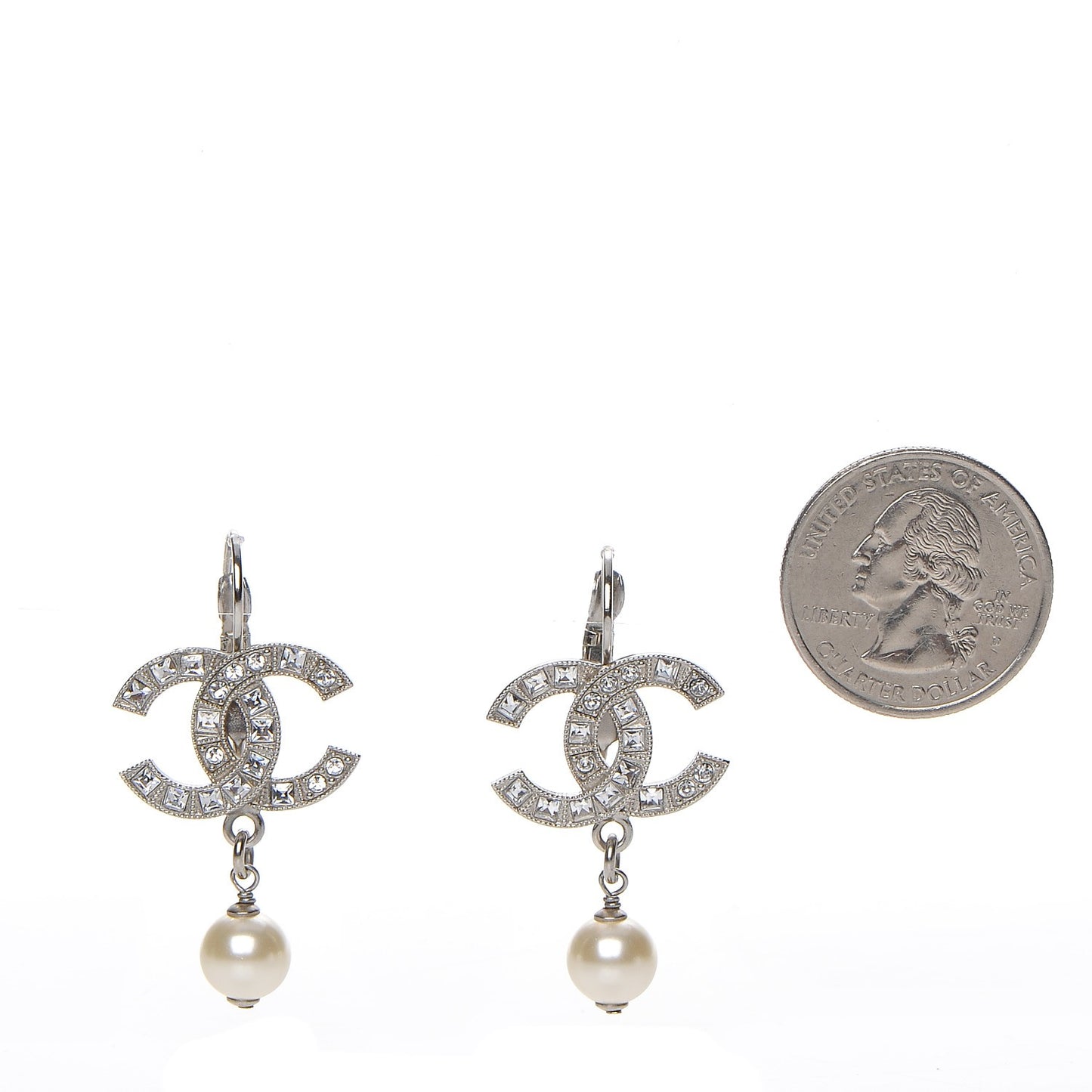 Crystal Pearl CC Drop Earrings Silver