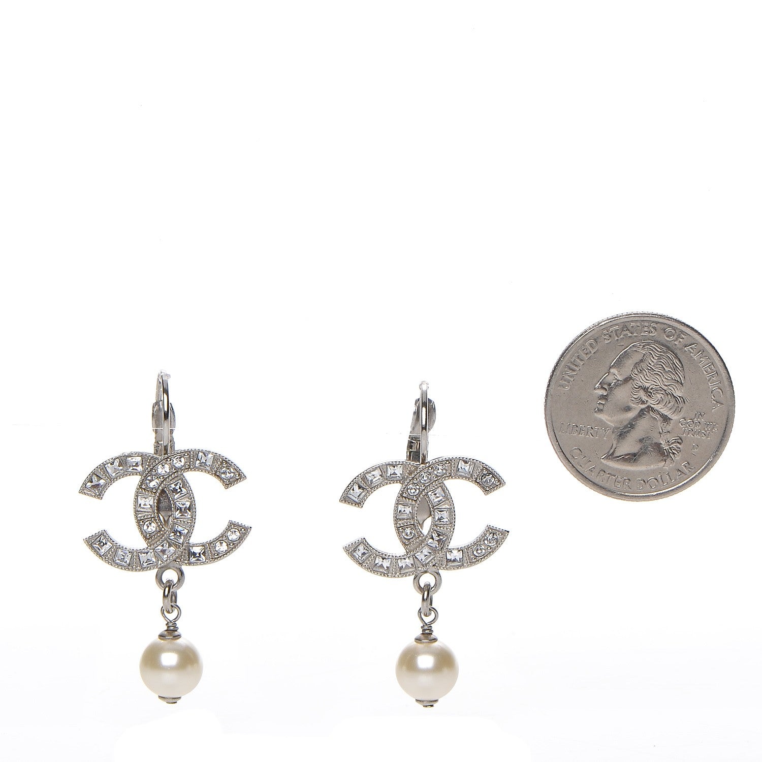 Chanel Crystal Pearl CC Drop Earrings Silver 2 of 6